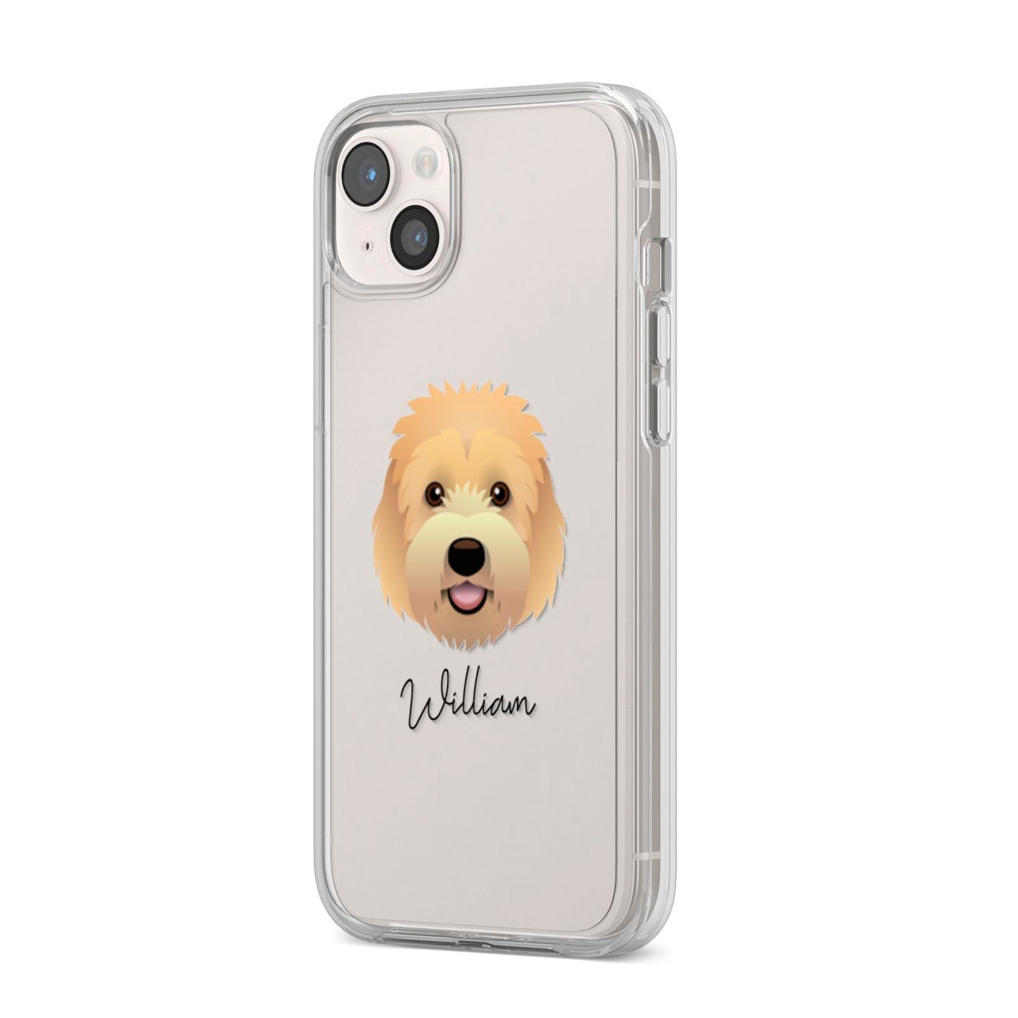 Goldendoodle Personalised iPhone 14 Plus Clear Tough Case Starlight Angled Image