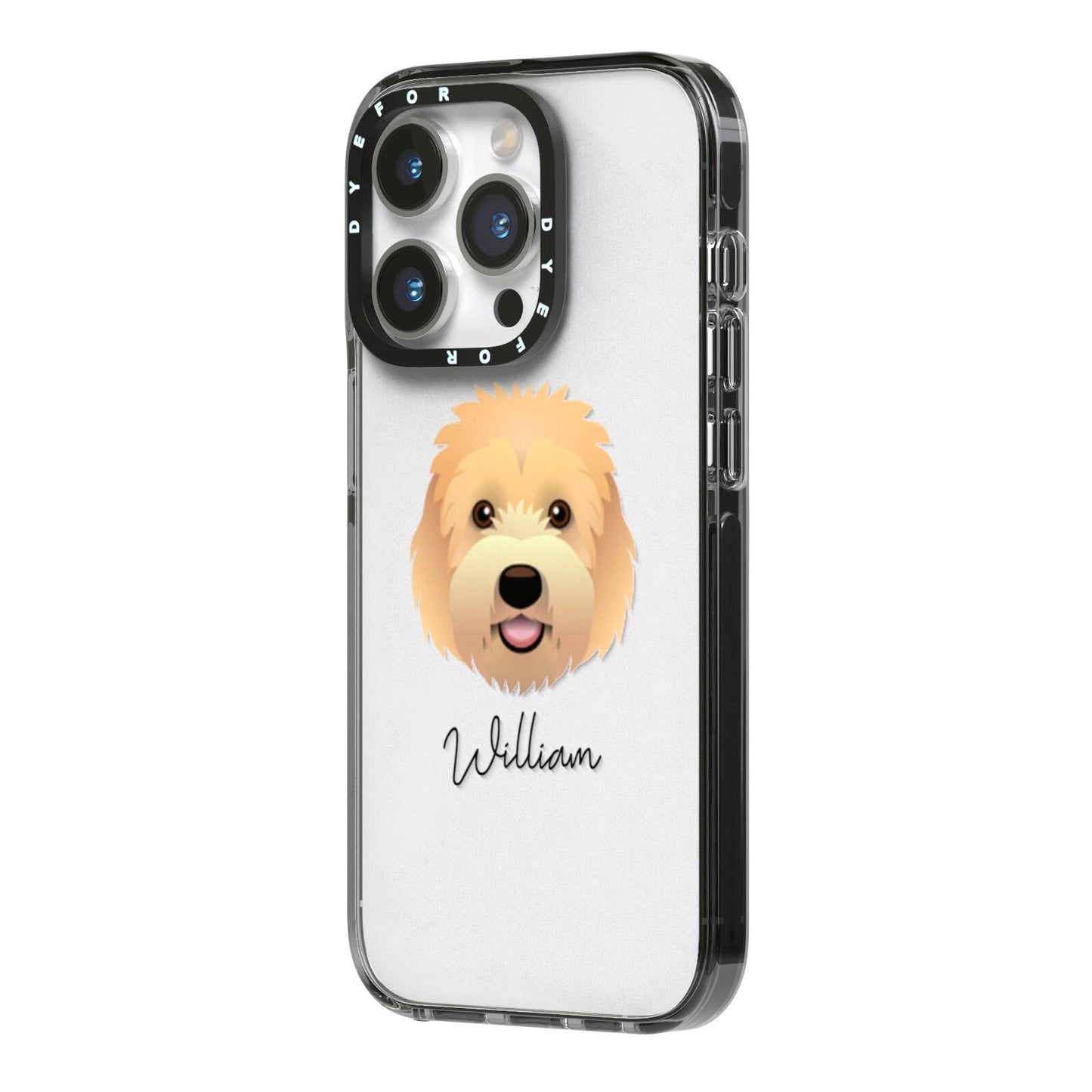 Goldendoodle Personalised iPhone 14 Pro Black Impact Case Side Angle on Silver phone