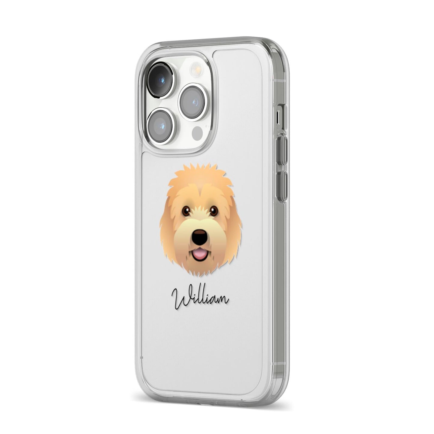 Goldendoodle Personalised iPhone 14 Pro Clear Tough Case Silver Angled Image