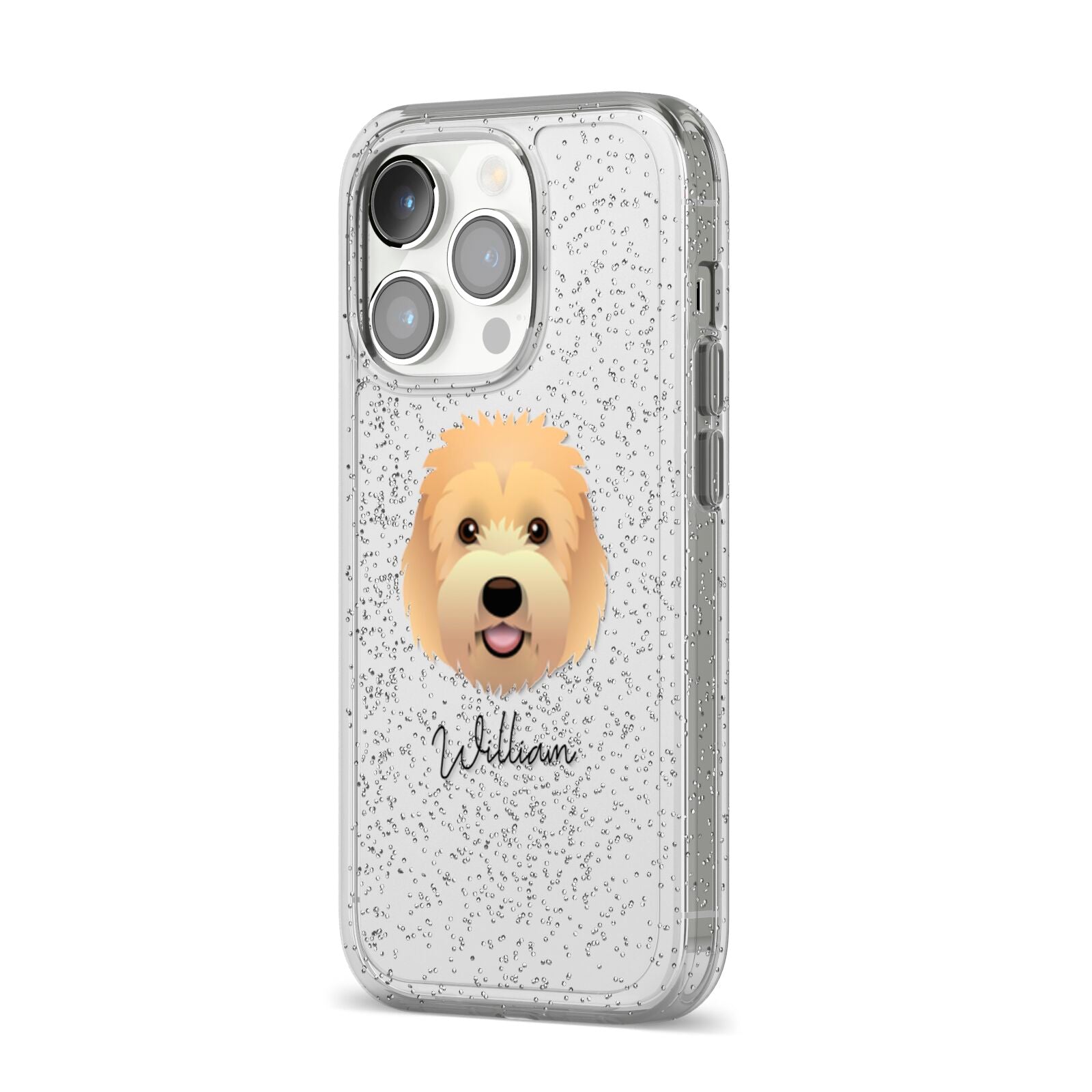 Goldendoodle Personalised iPhone 14 Pro Glitter Tough Case Silver Angled Image