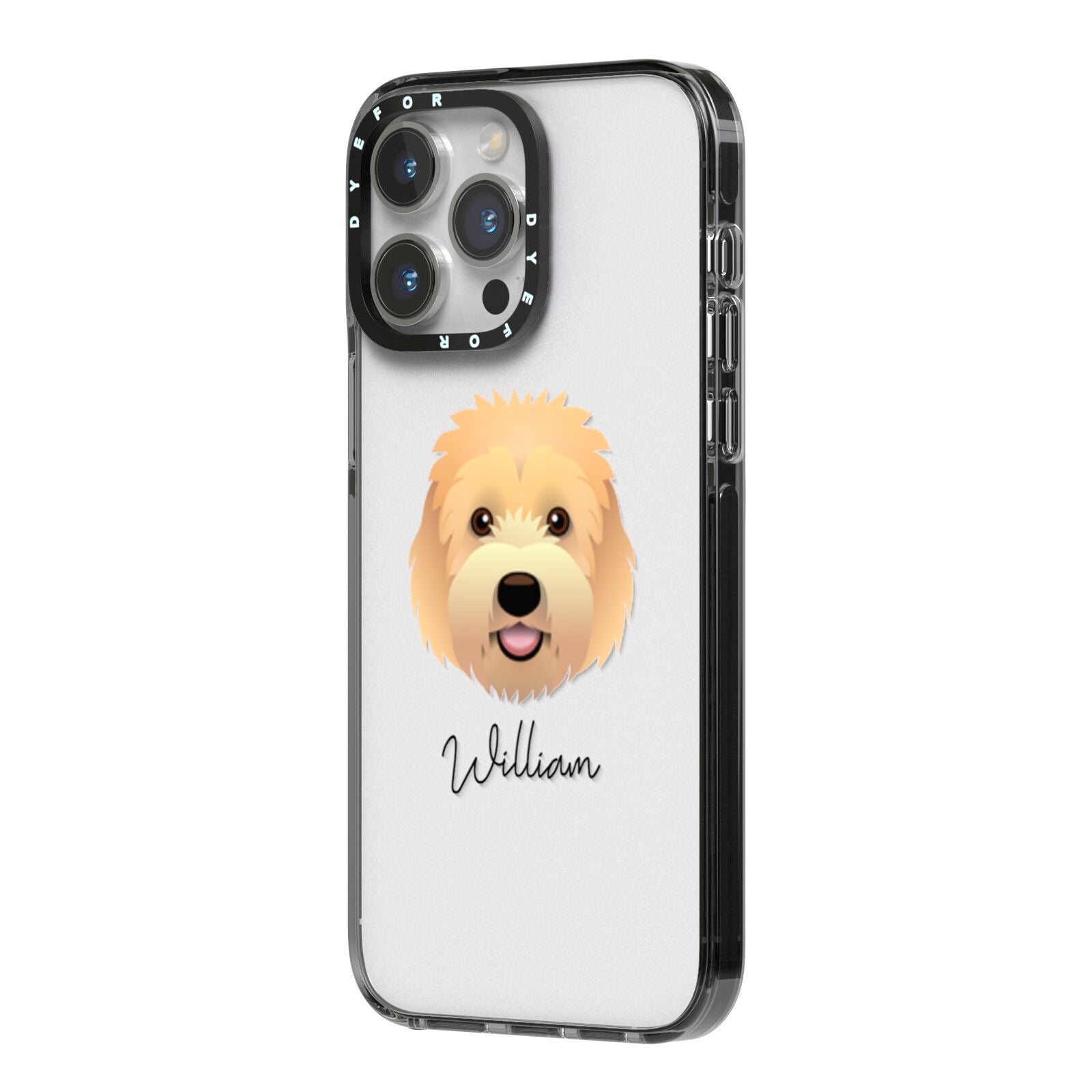 Goldendoodle Personalised iPhone 14 Pro Max Black Impact Case Side Angle on Silver phone