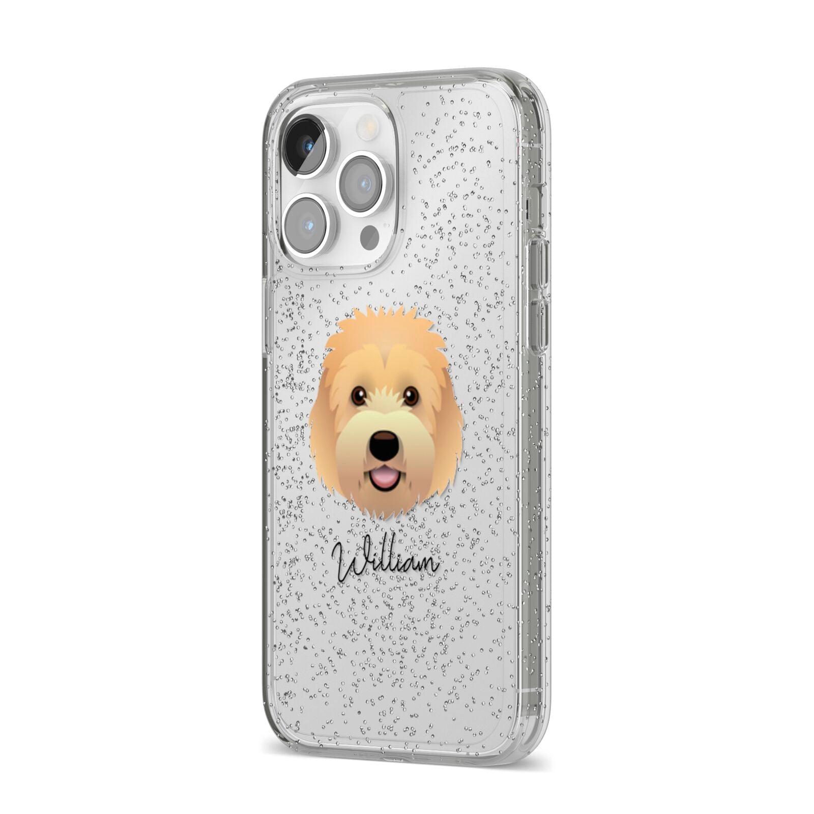 Goldendoodle Personalised iPhone 14 Pro Max Glitter Tough Case Silver Angled Image