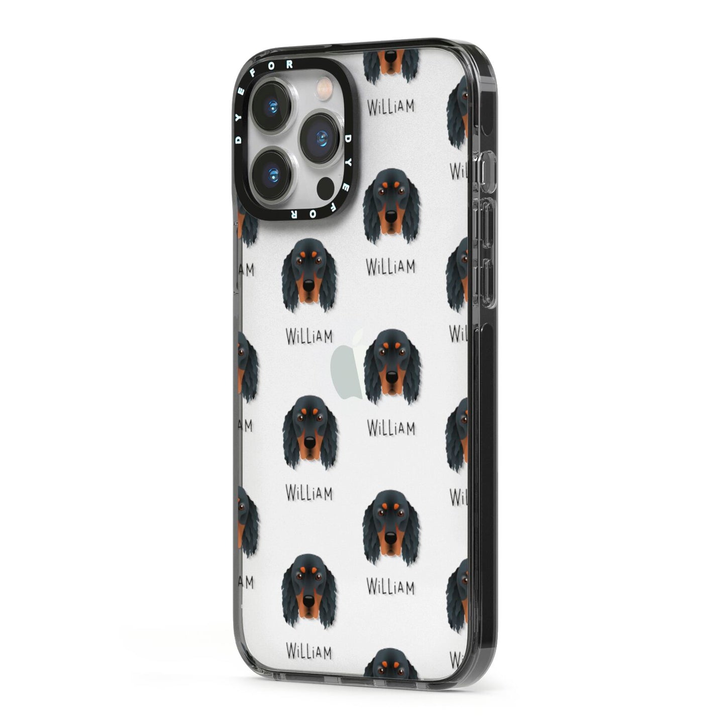 Gordon Setter Icon with Name iPhone 13 Pro Max Black Impact Case Side Angle on Silver phone