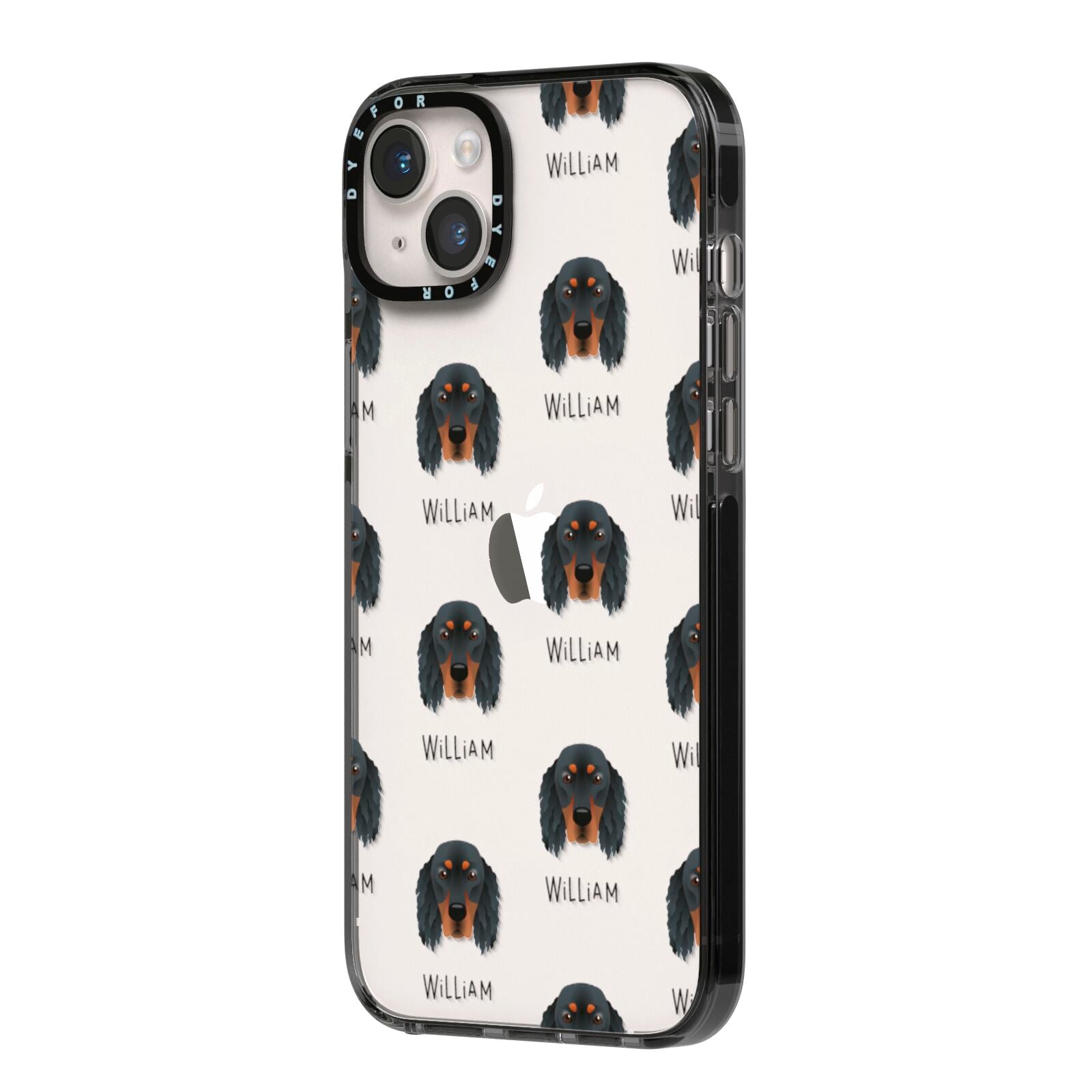 Gordon Setter Icon with Name iPhone 14 Plus Black Impact Case Side Angle on Silver phone