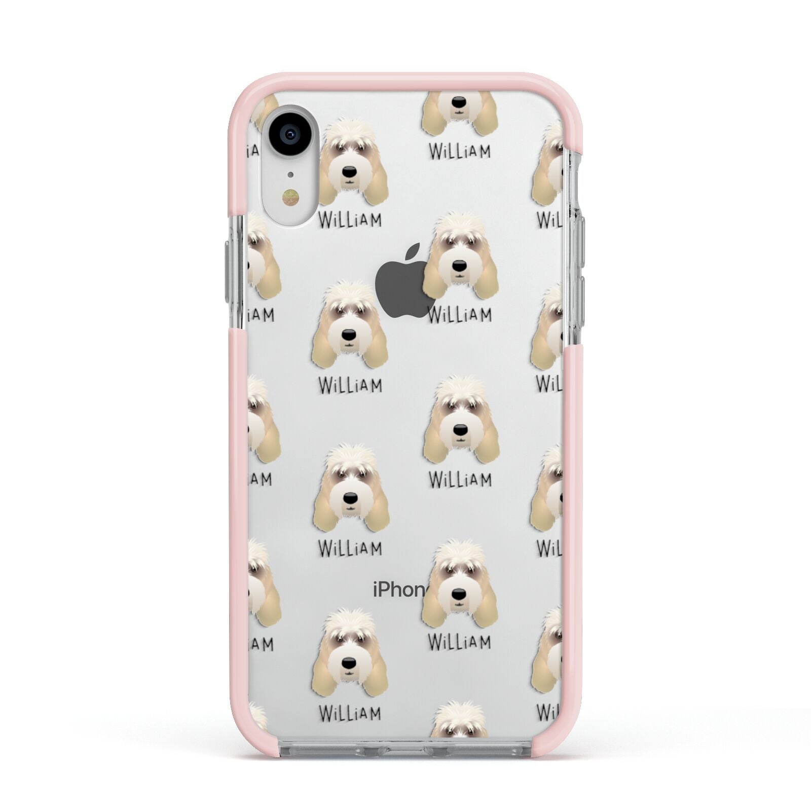 Grand Basset Griffon Vendeen Icon with Name Apple iPhone XR Impact Case Pink Edge on Silver Phone