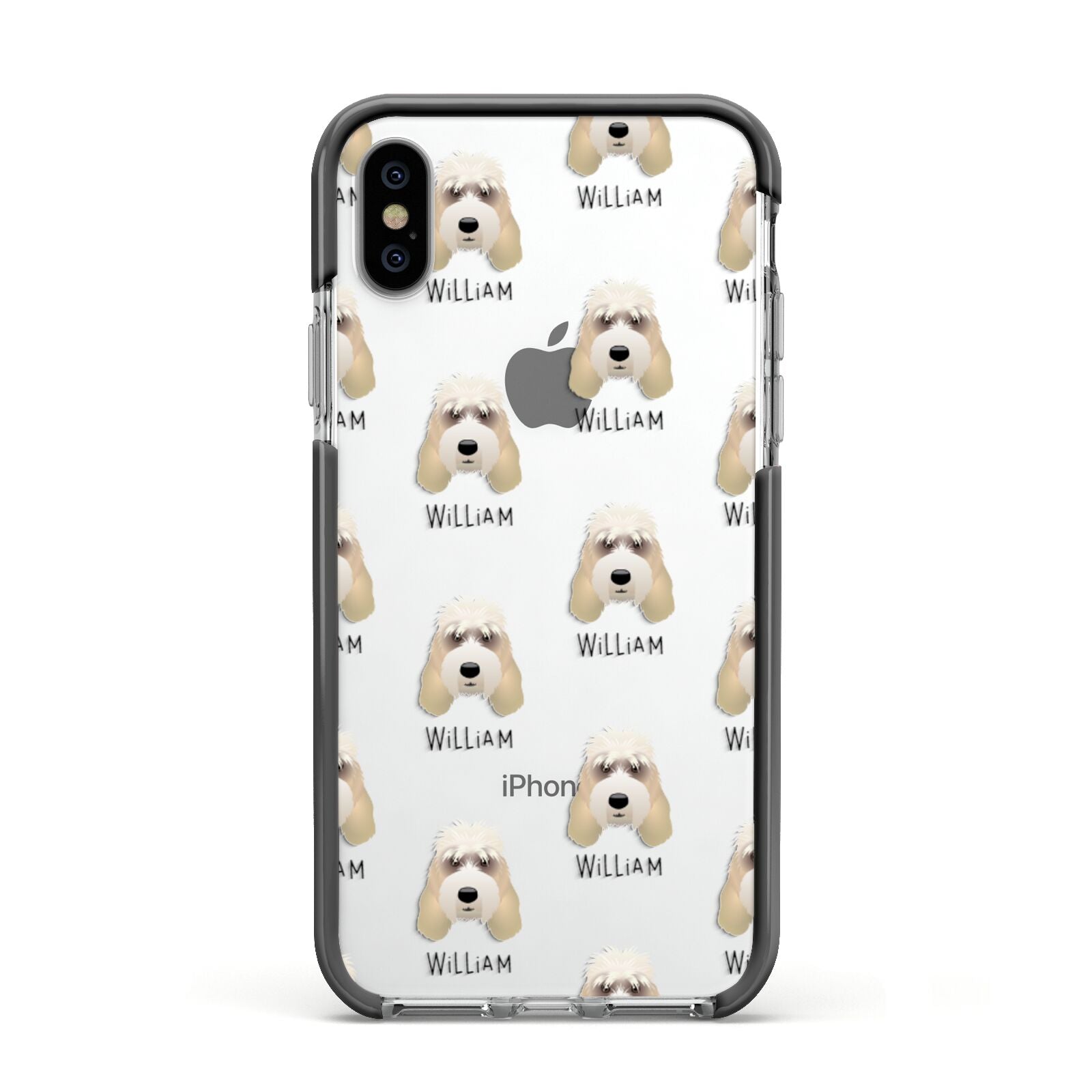 Grand Basset Griffon Vendeen Icon with Name Apple iPhone Xs Impact Case Black Edge on Silver Phone