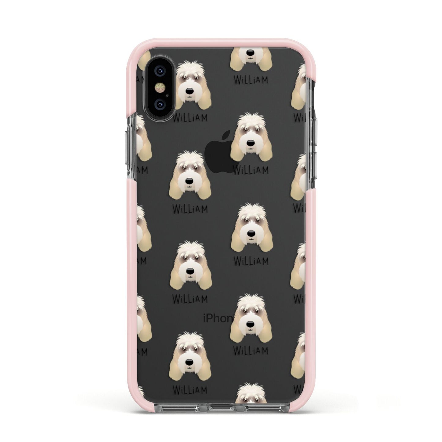 Grand Basset Griffon Vendeen Icon with Name Apple iPhone Xs Impact Case Pink Edge on Black Phone