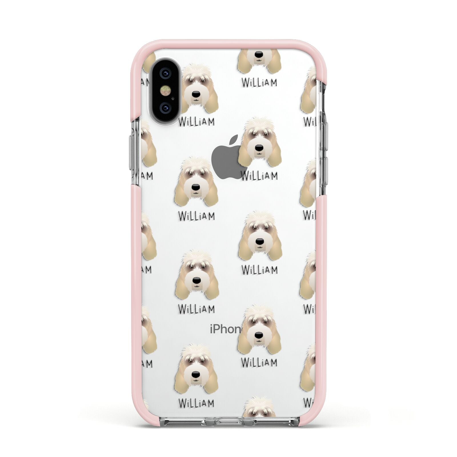 Grand Basset Griffon Vendeen Icon with Name Apple iPhone Xs Impact Case Pink Edge on Silver Phone