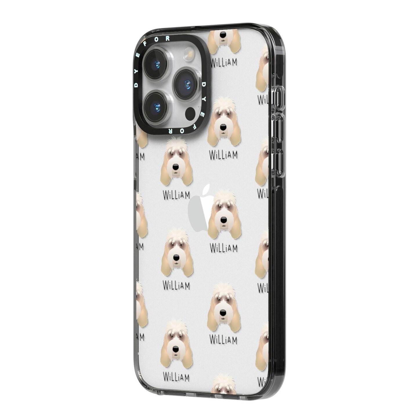 Grand Basset Griffon Vendeen Icon with Name iPhone 14 Pro Max Black Impact Case Side Angle on Silver phone