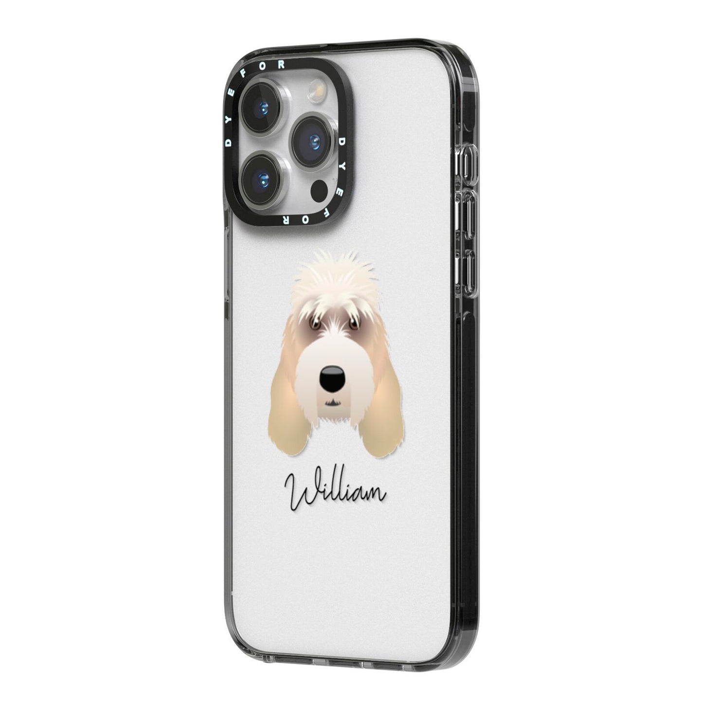 Grand Basset Griffon Vendeen Personalised iPhone 14 Pro Max Black Impact Case Side Angle on Silver phone