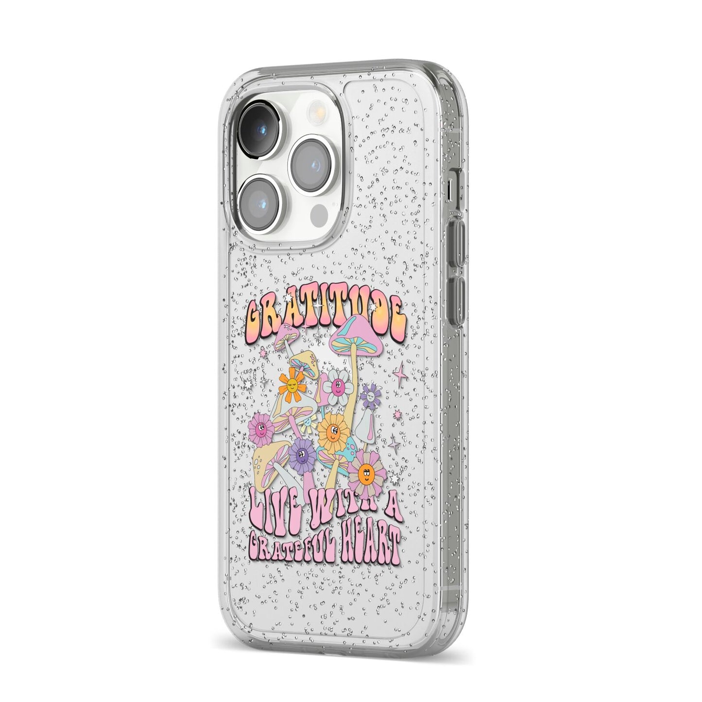 Grattitude iPhone 14 Pro Glitter Tough Case Silver Angled Image