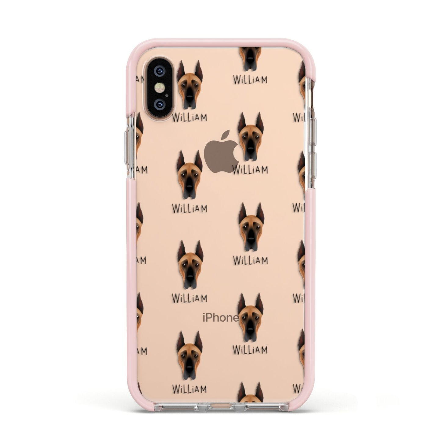 Great Dane Icon with Name Apple iPhone Xs Impact Case Pink Edge on Gold Phone