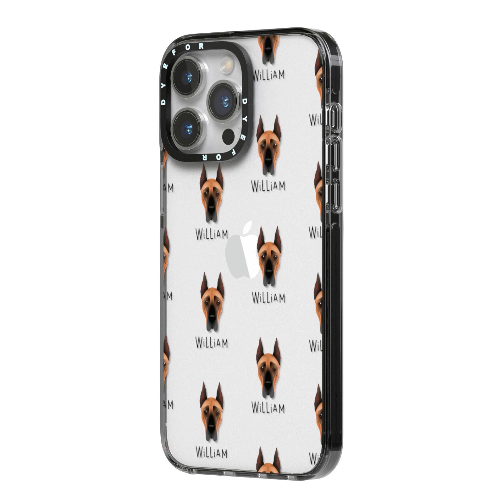 Great Dane Icon with Name iPhone 14 Pro Max Black Impact Case Side Angle on Silver phone