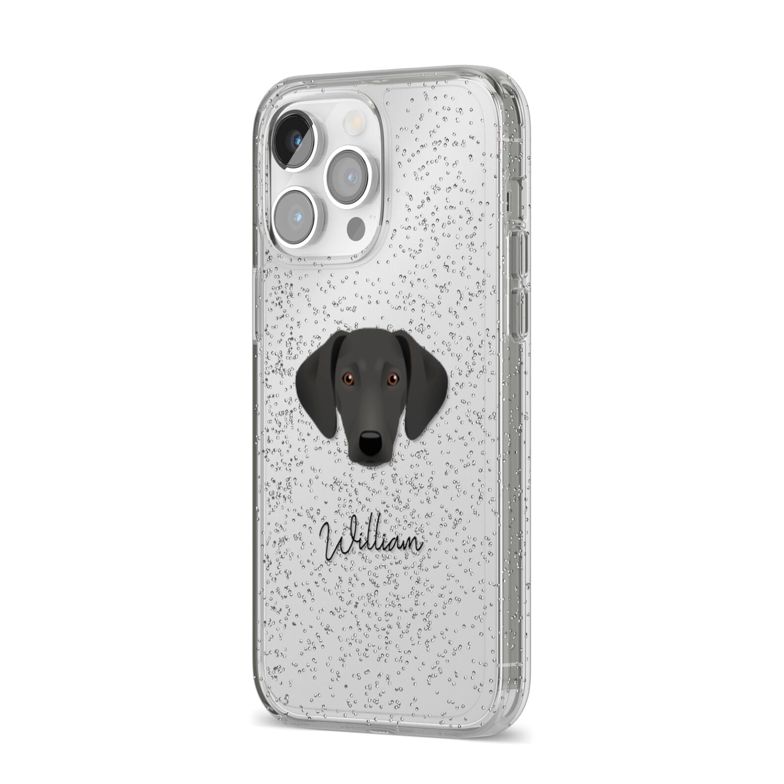 Greek Harehound Personalised iPhone 14 Pro Max Glitter Tough Case Silver Angled Image