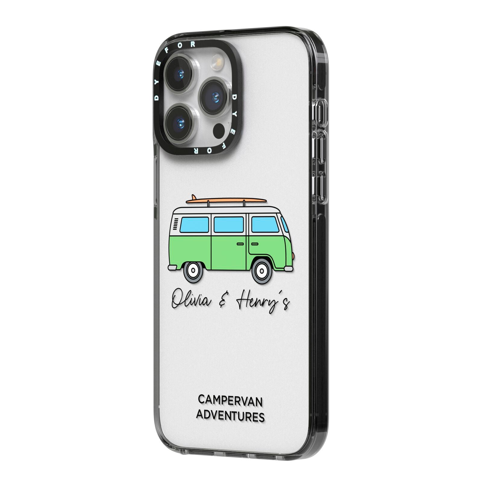 Green Bespoke Campervan Adventures iPhone 14 Pro Max Black Impact Case Side Angle on Silver phone