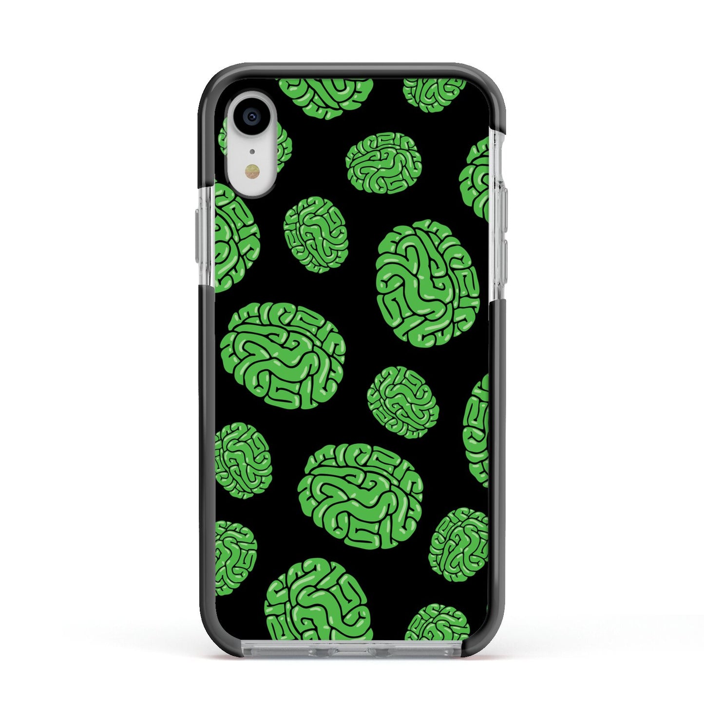 Green Brains Apple iPhone XR Impact Case Black Edge on Silver Phone