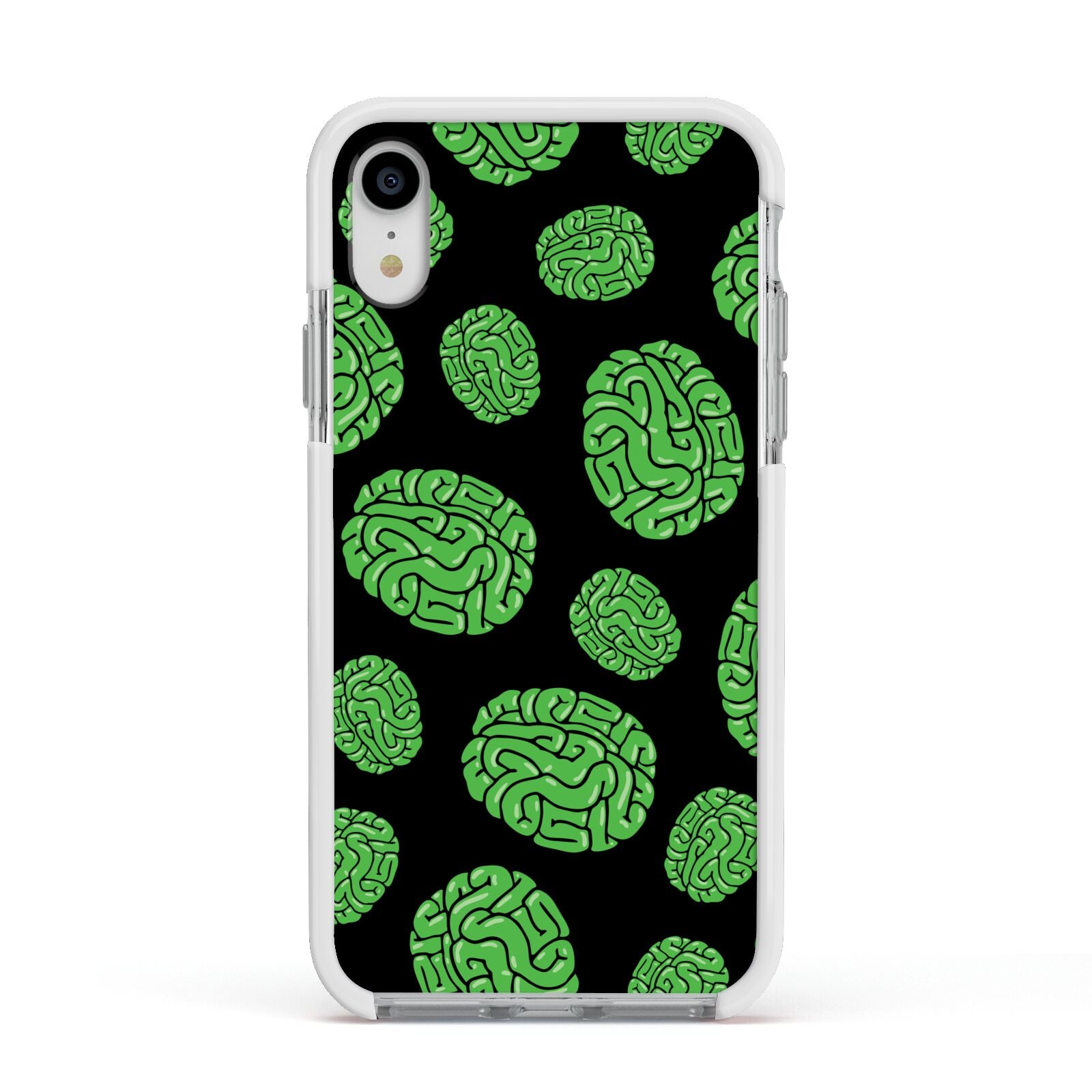 Green Brains Apple iPhone XR Impact Case White Edge on Silver Phone