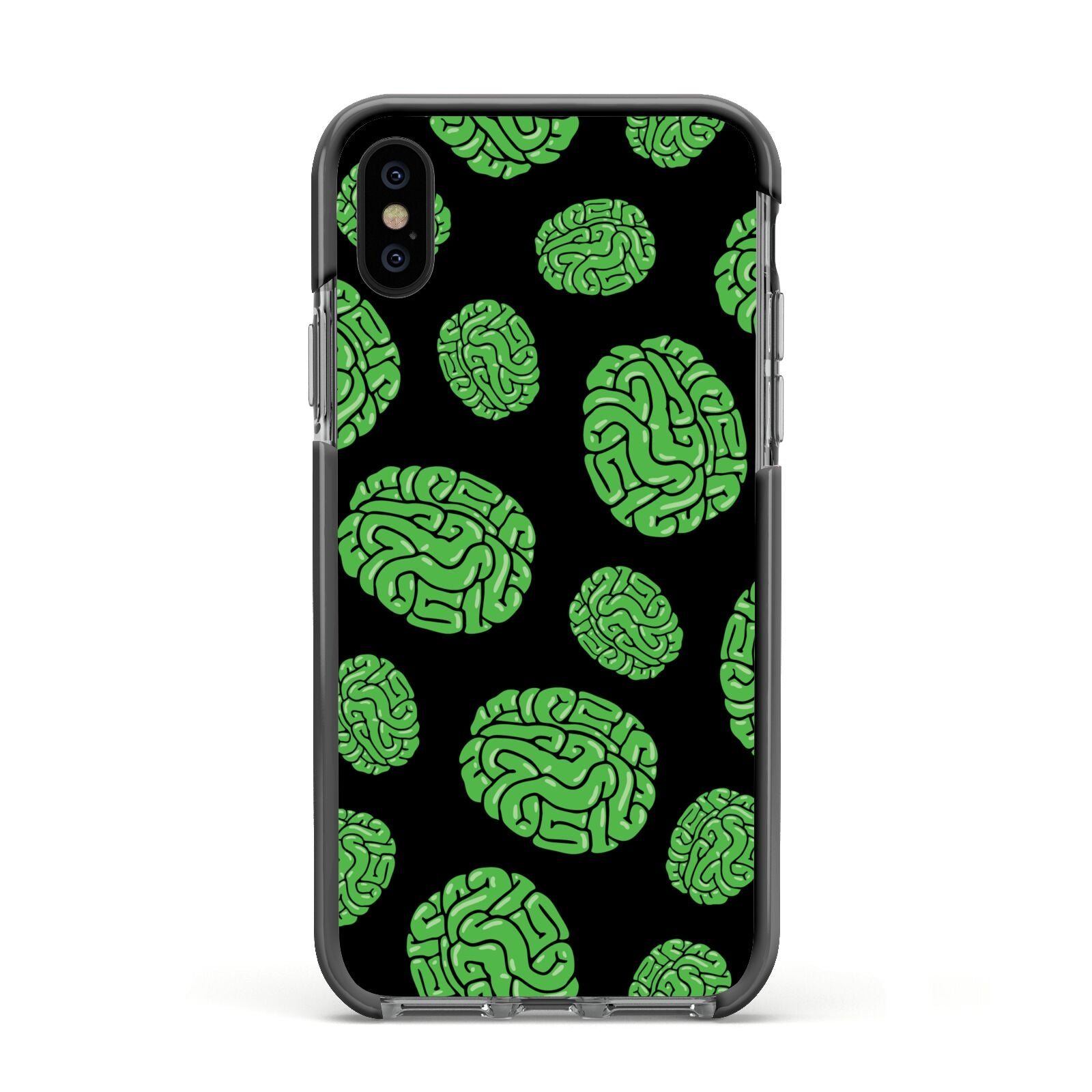 Green Brains Apple iPhone Xs Impact Case Black Edge on Black Phone