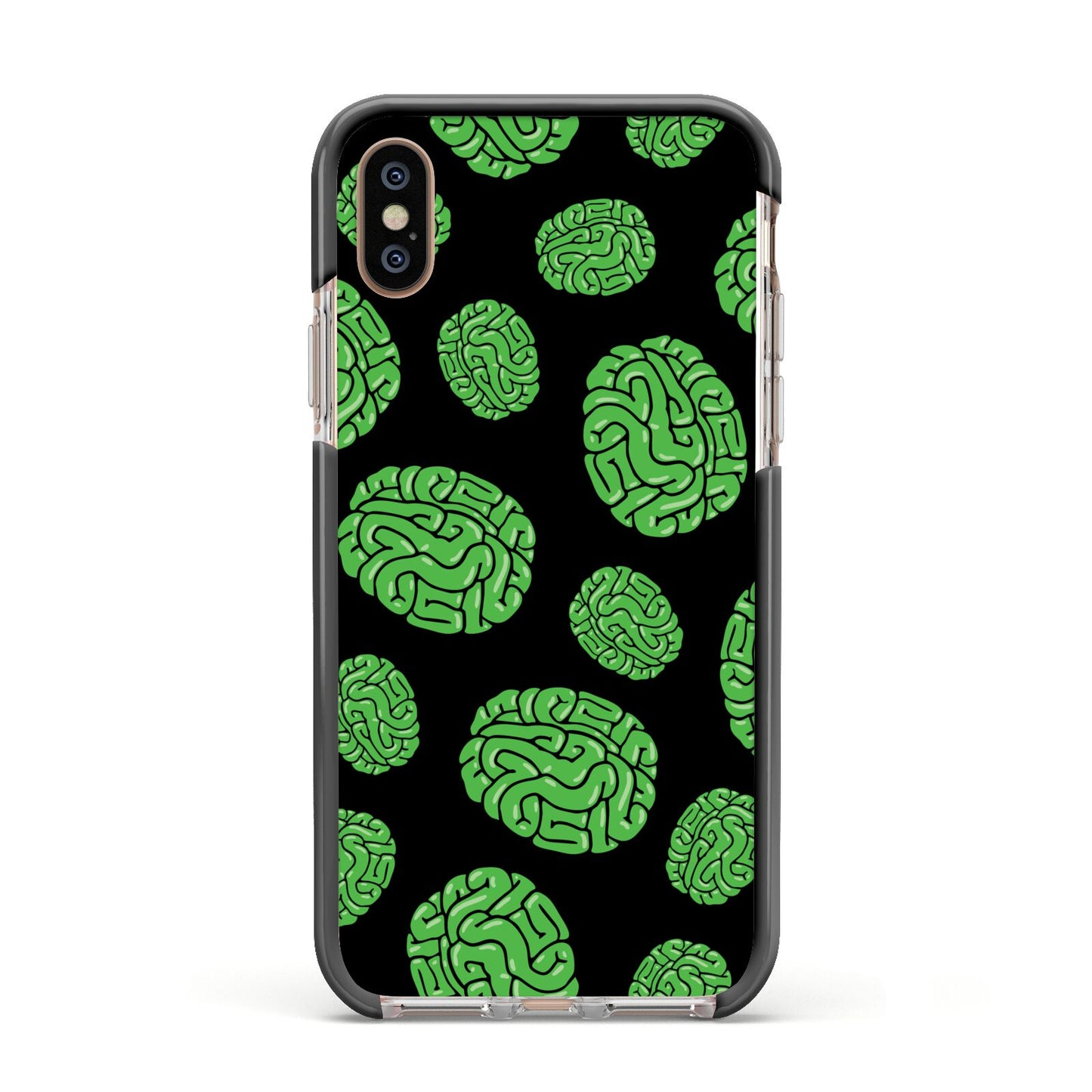 Green Brains Apple iPhone Xs Impact Case Black Edge on Gold Phone