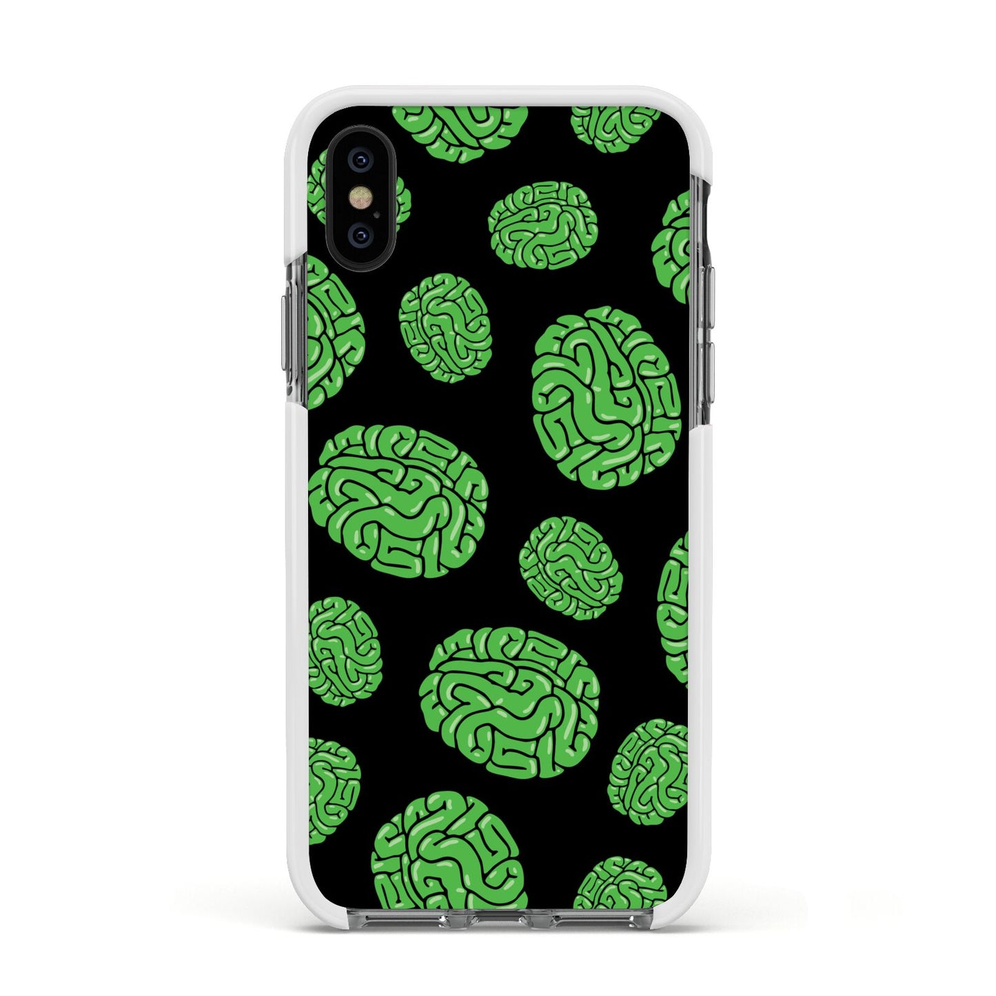 Green Brains Apple iPhone Xs Impact Case White Edge on Black Phone