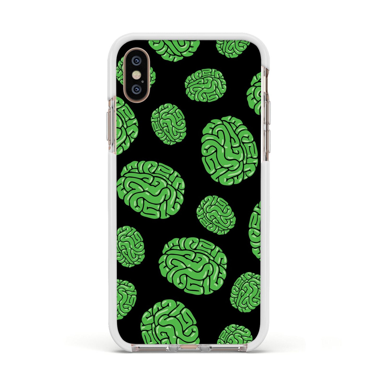 Green Brains Apple iPhone Xs Impact Case White Edge on Gold Phone