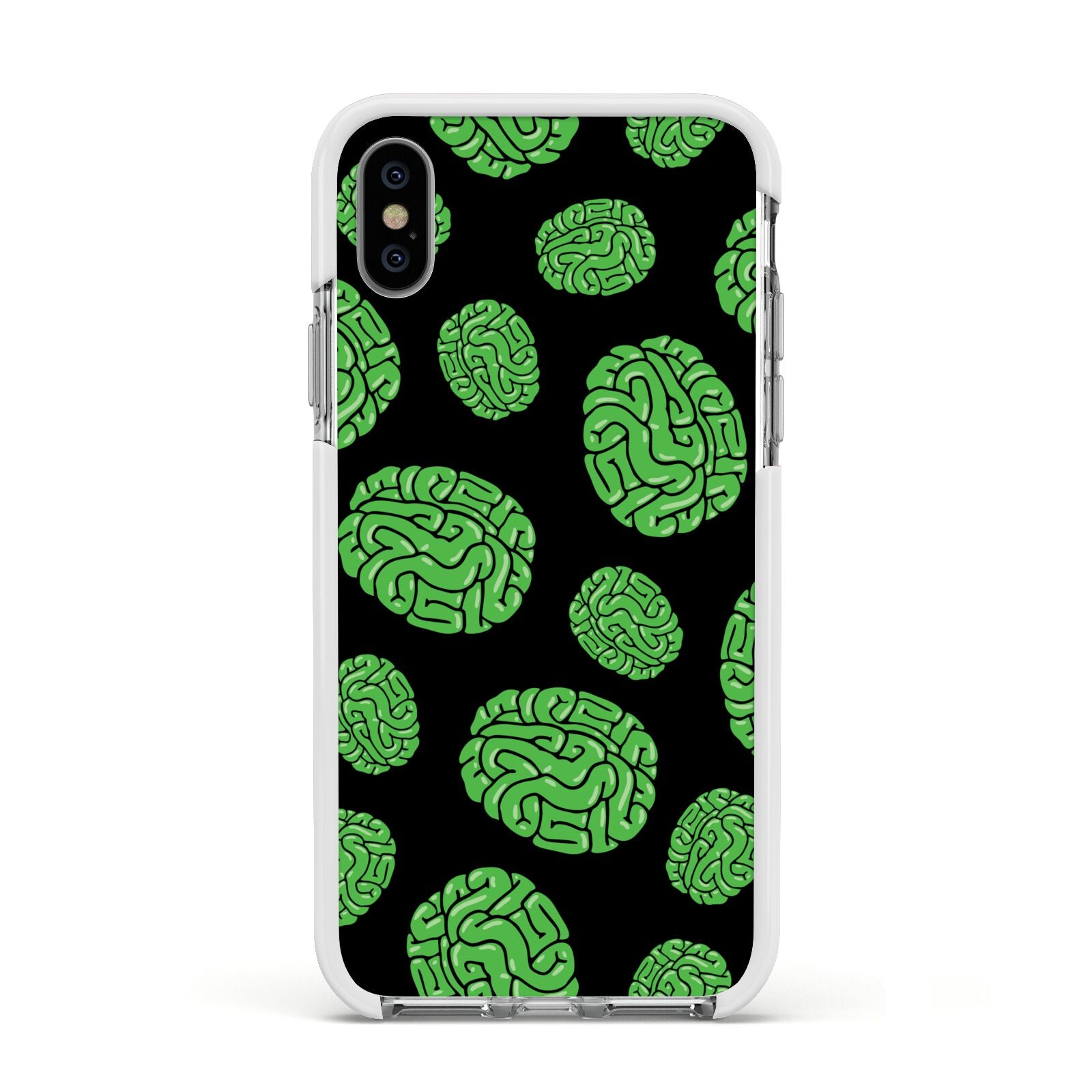 Green Brains Apple iPhone Xs Impact Case White Edge on Silver Phone