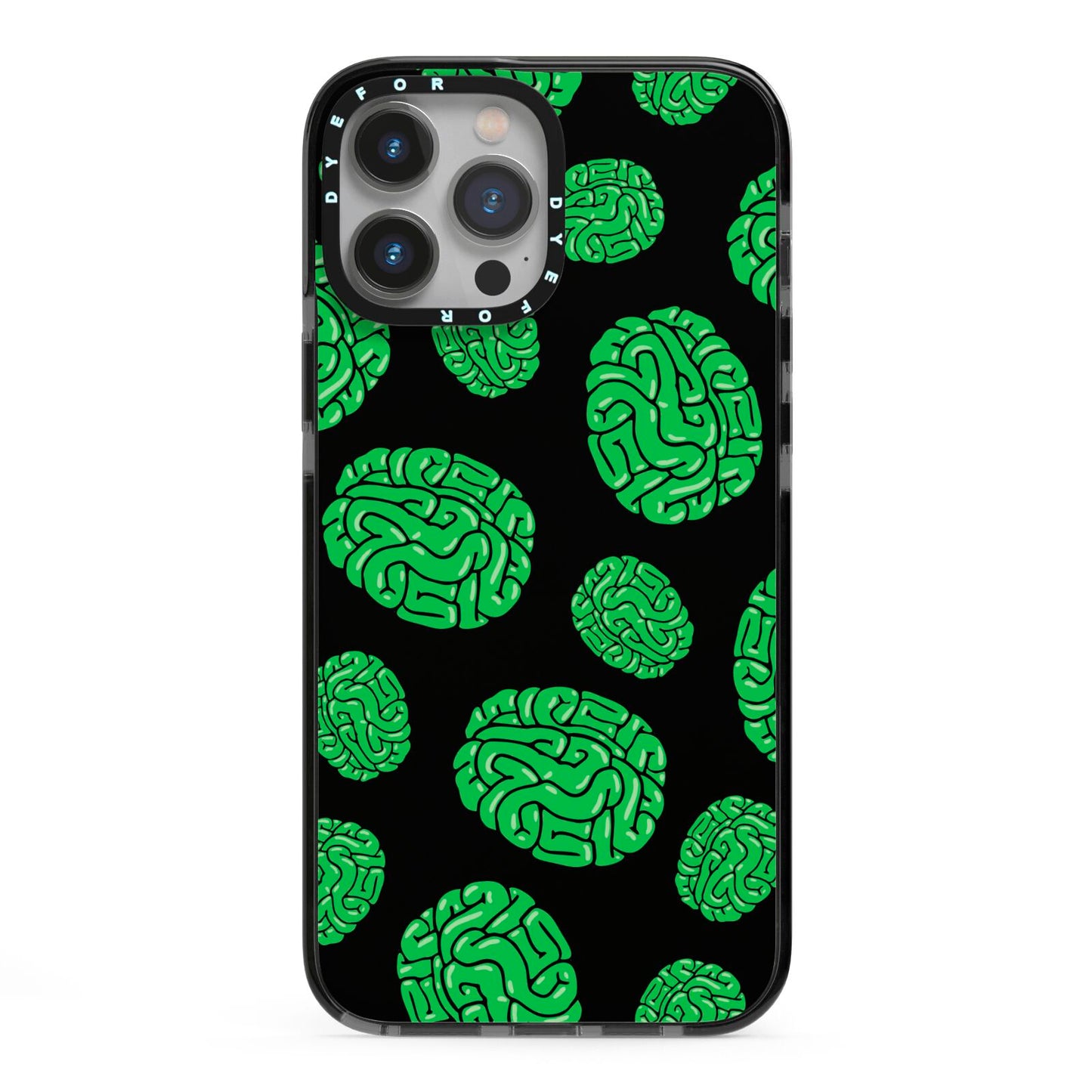 Green Brains iPhone 13 Pro Max Black Impact Case on Silver phone