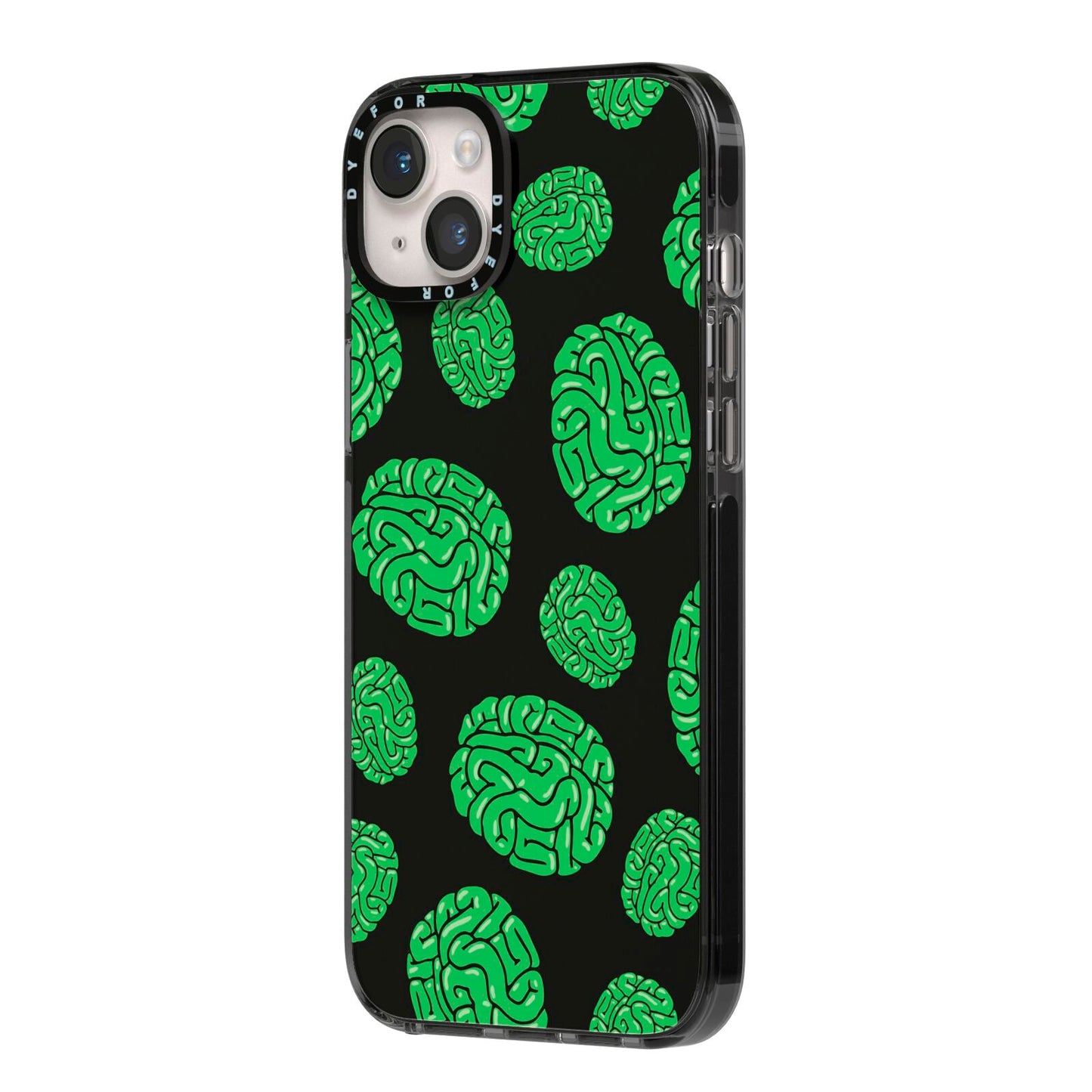 Green Brains iPhone 14 Plus Black Impact Case Side Angle on Silver phone