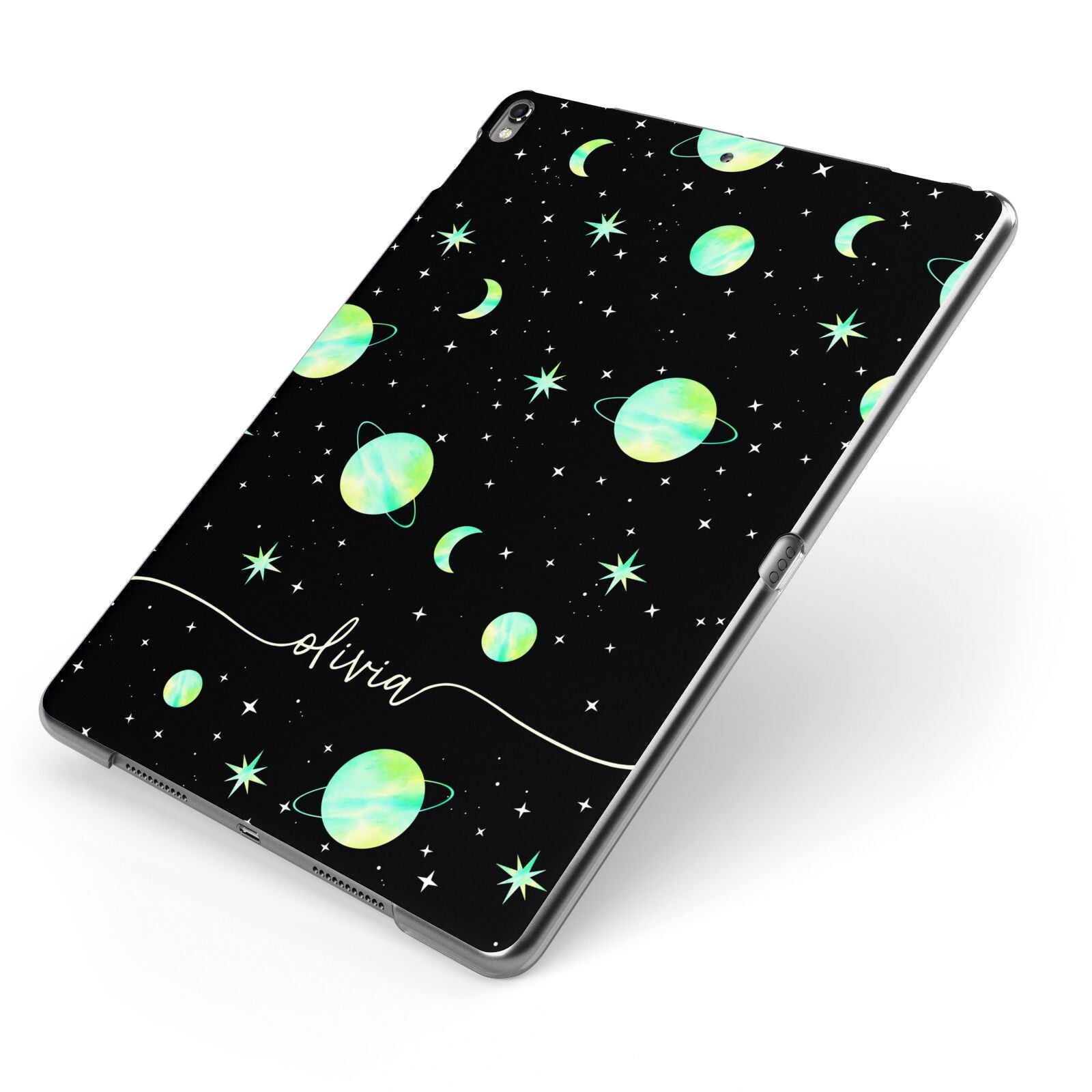 Green Galaxy Personalised Name Apple iPad Case on Grey iPad Side View