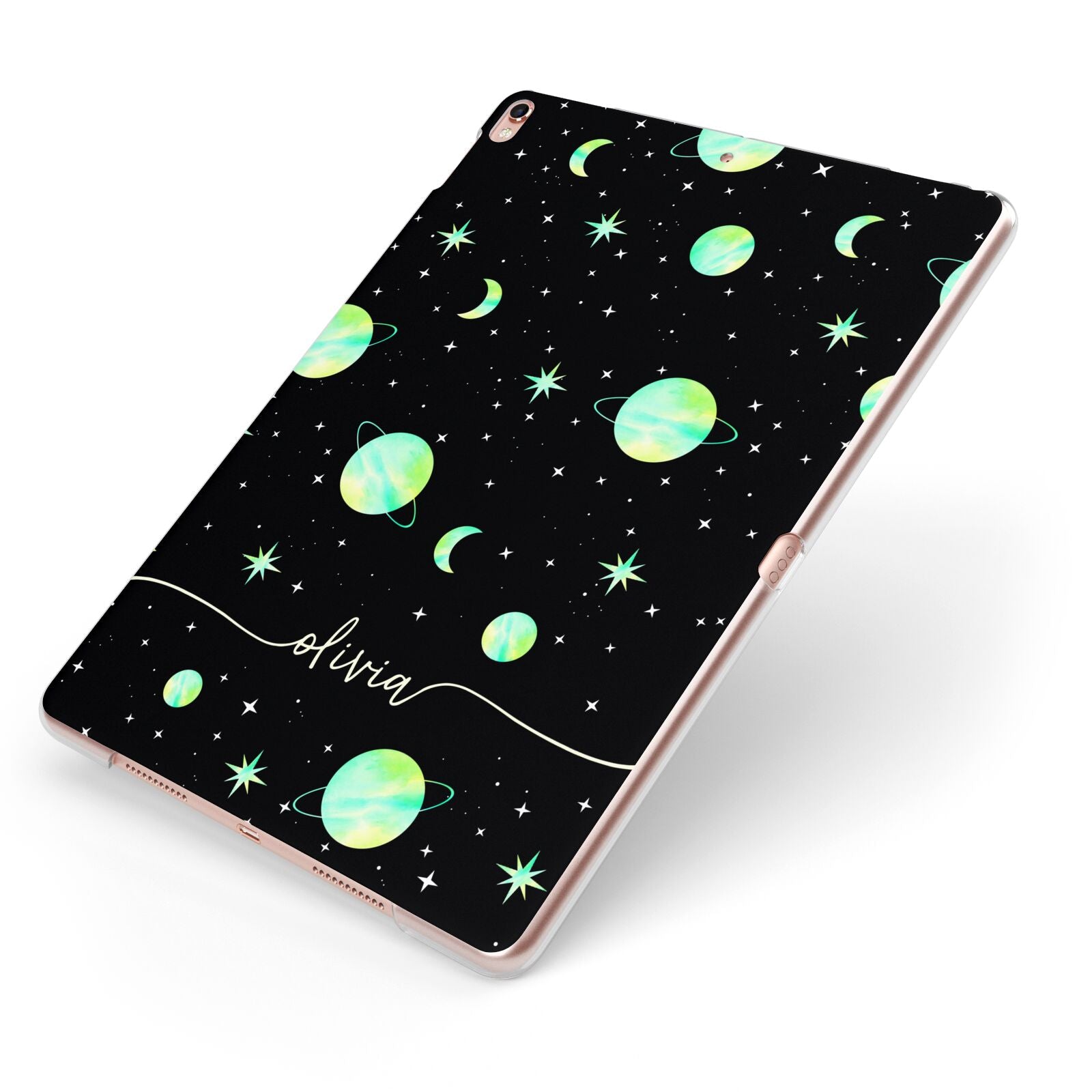 Green Galaxy Personalised Name Apple iPad Case on Rose Gold iPad Side View