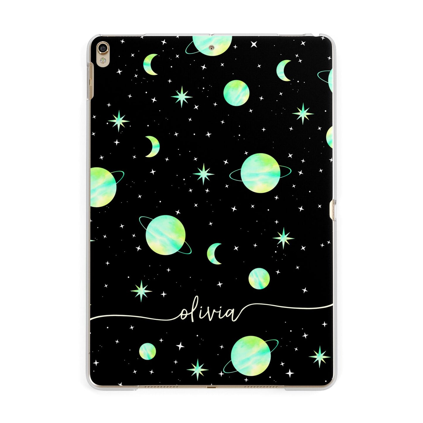 Green Galaxy Personalised Name Apple iPad Gold Case