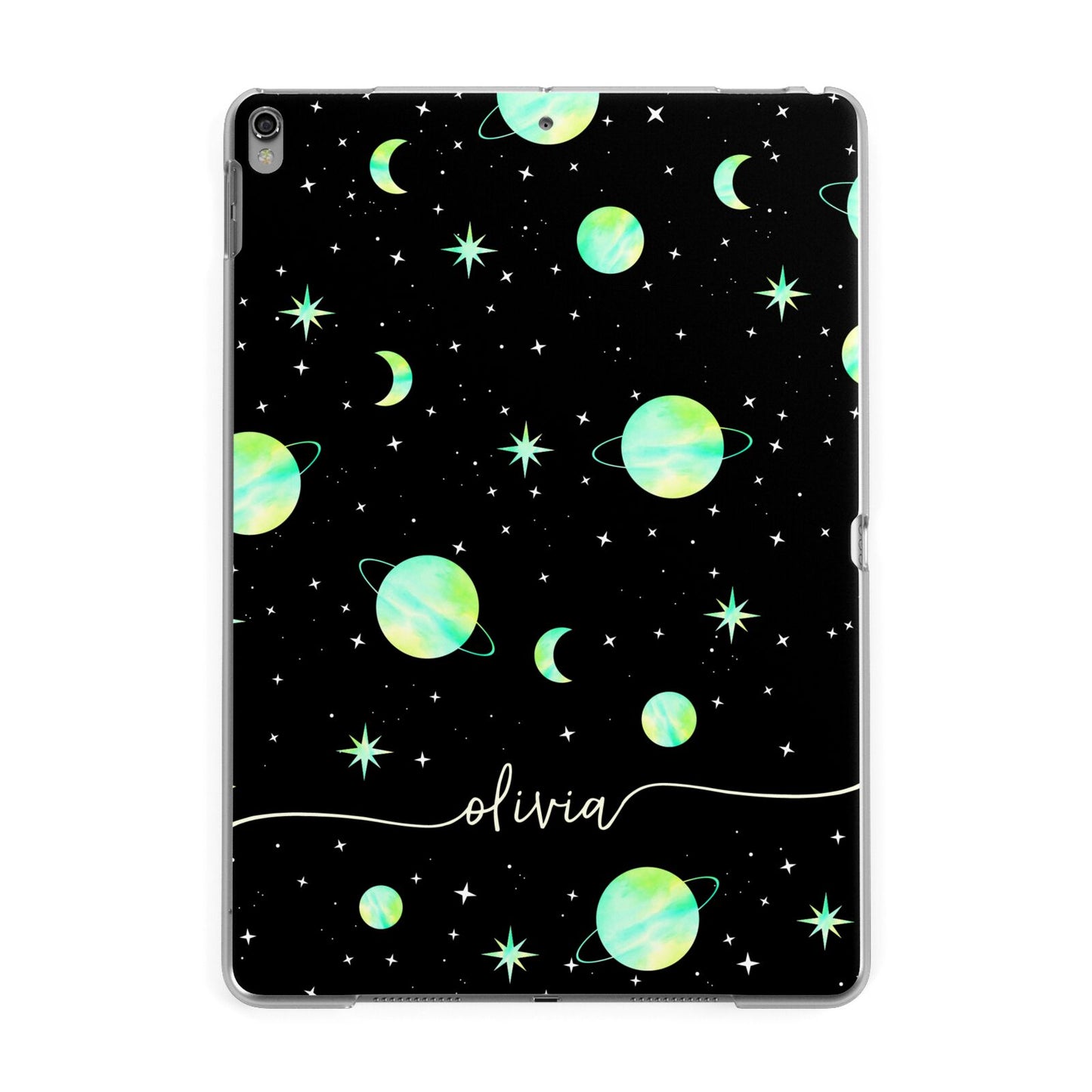 Green Galaxy Personalised Name Apple iPad Grey Case