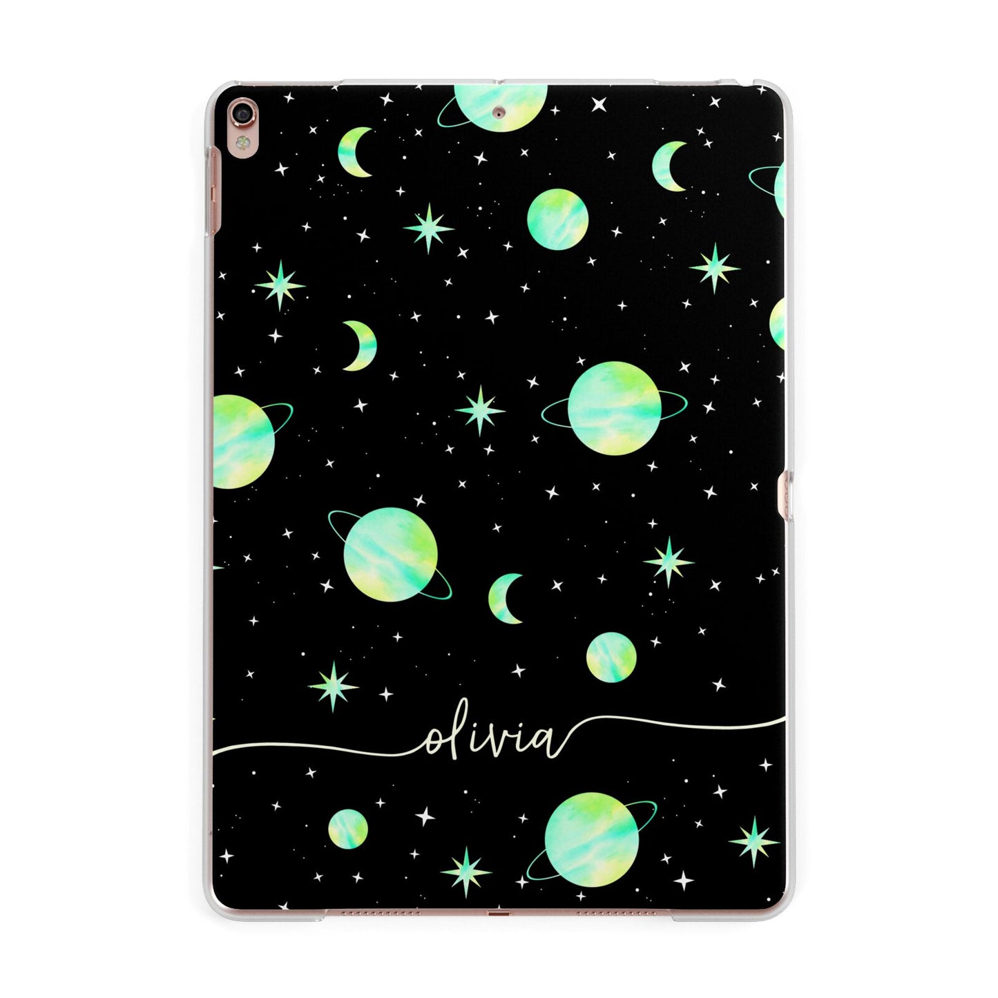 Green Galaxy Personalised Name Apple iPad Rose Gold Case