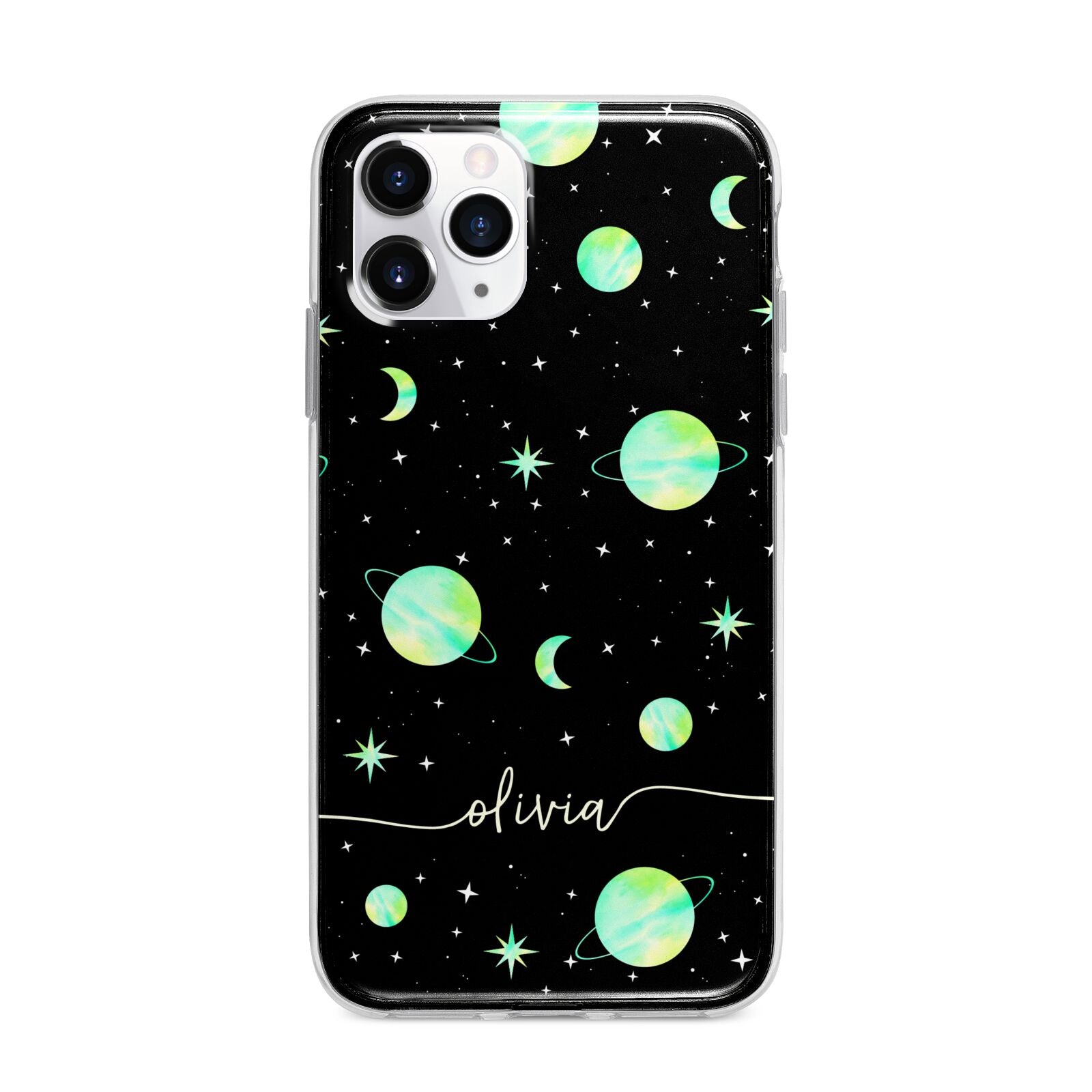 Green Galaxy Personalised Name Apple iPhone 11 Pro Max in Silver with Bumper Case