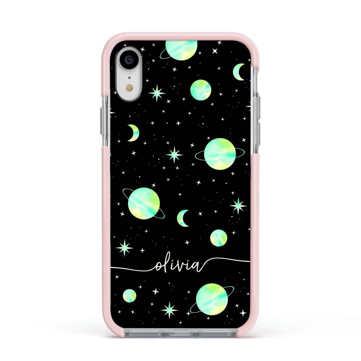 Green Galaxy Personalised Name Apple iPhone XR Impact Case Pink Edge on Silver Phone