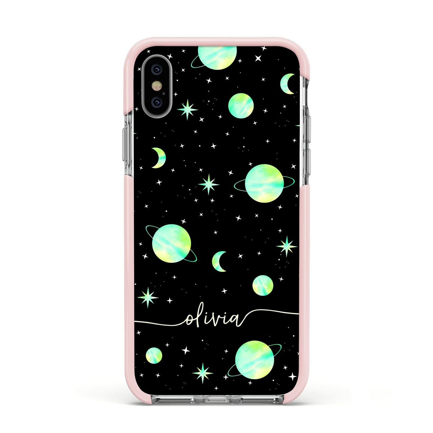 Green Galaxy Personalised Name Apple iPhone Xs Impact Case Pink Edge on Silver Phone