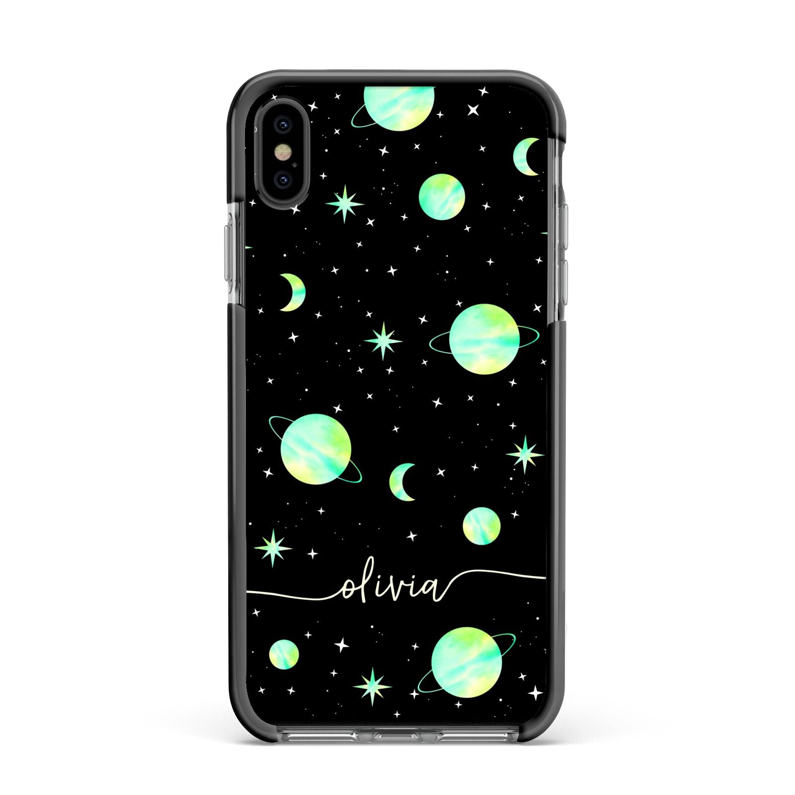 Green Galaxy Personalised Name Apple iPhone Xs Max Impact Case Black Edge on Black Phone