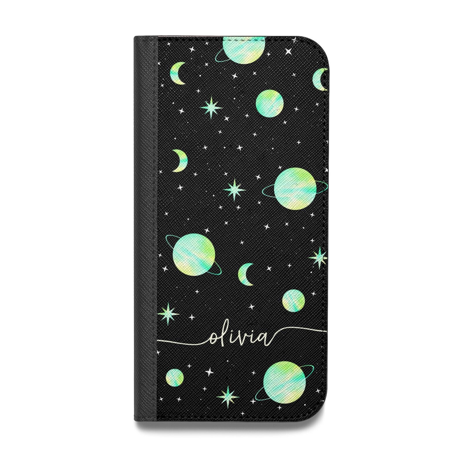 Green Galaxy Personalised Name Vegan Leather Flip iPhone Case