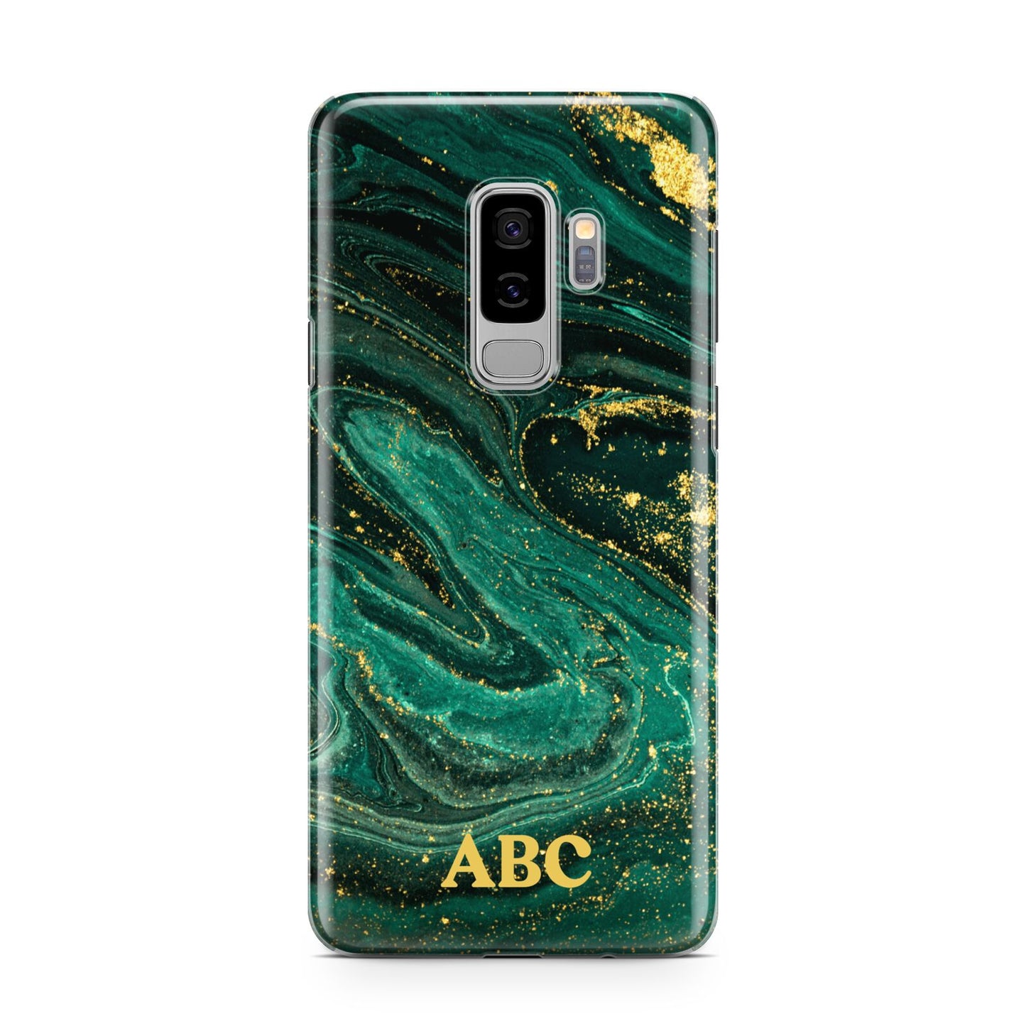 Green Gold Marble Personalised Initial Samsung Galaxy S9 Plus Case on Silver phone