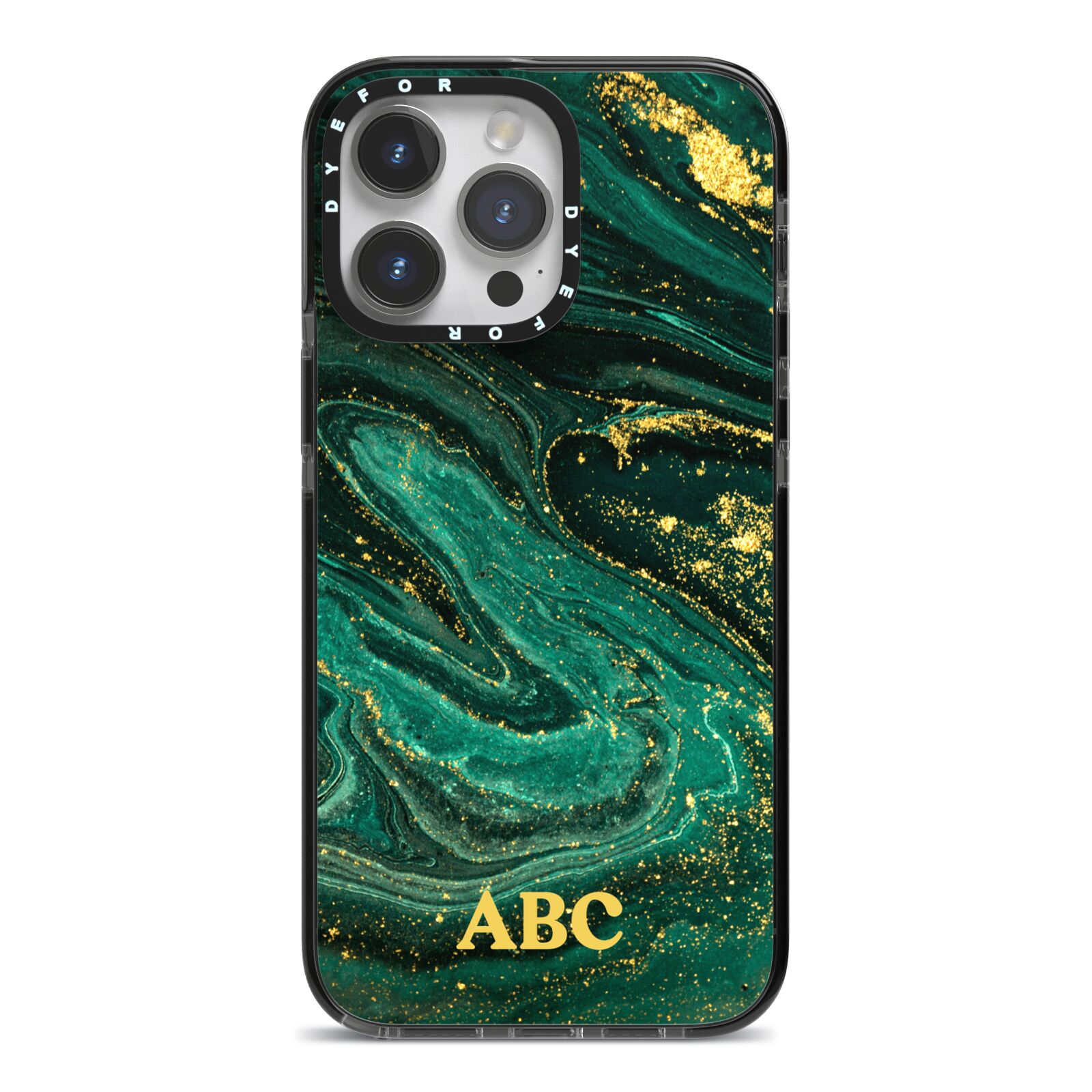 Green Gold Marble Personalised Initial iPhone 14 Pro Max Black Impact Case on Silver phone