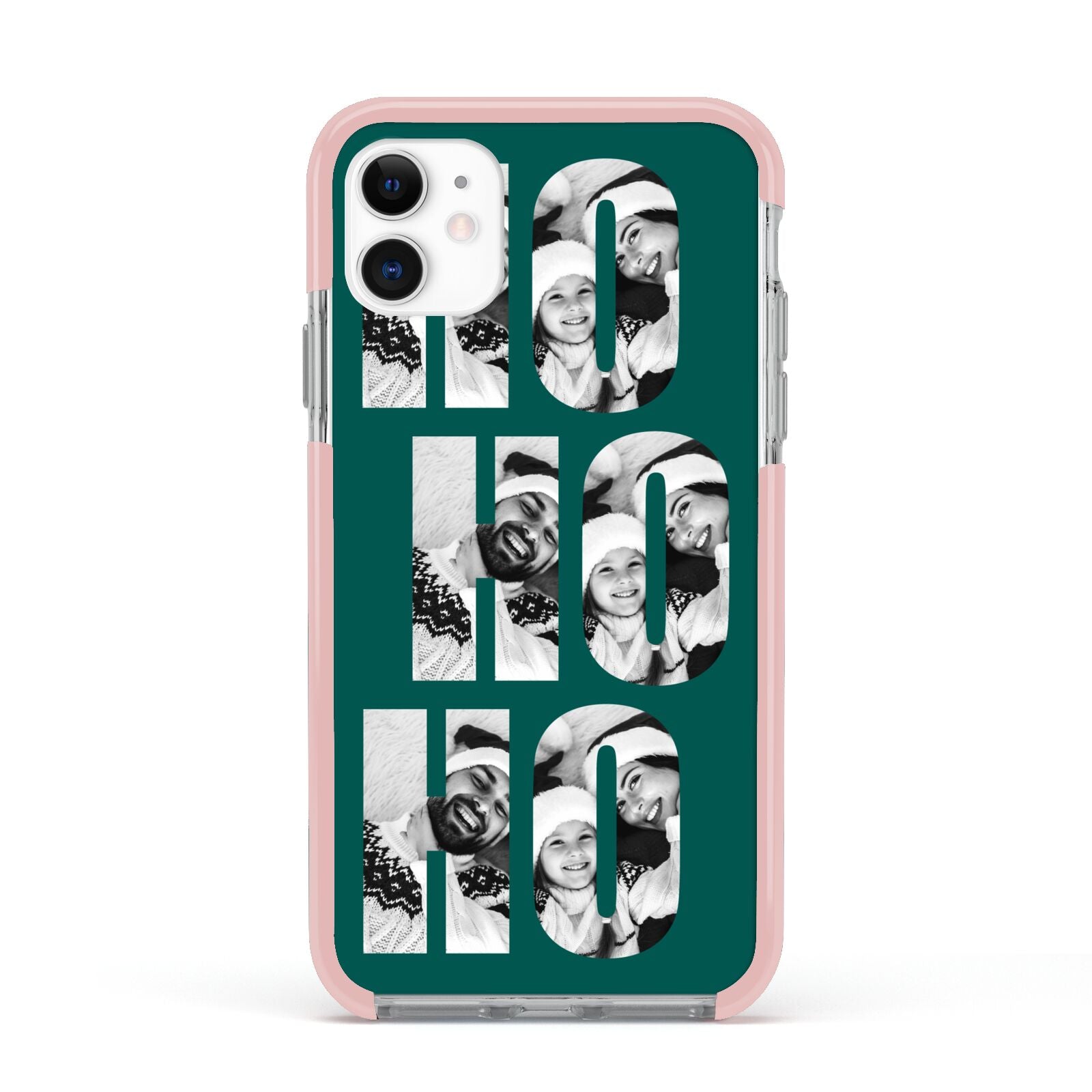 Green Ho Ho Ho Photo Upload Christmas Apple iPhone 11 in White with Pink Impact Case