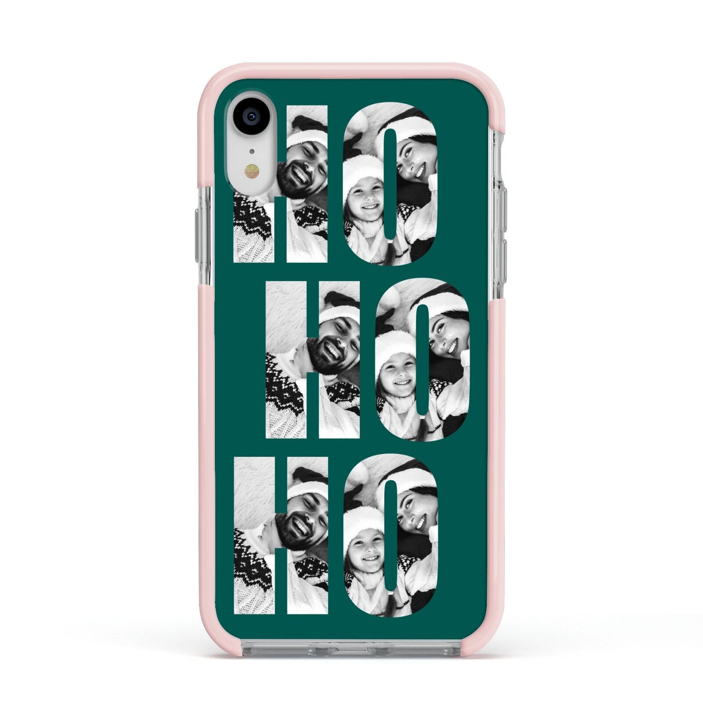 Green Ho Ho Ho Photo Upload Christmas Apple iPhone XR Impact Case Pink Edge on Silver Phone