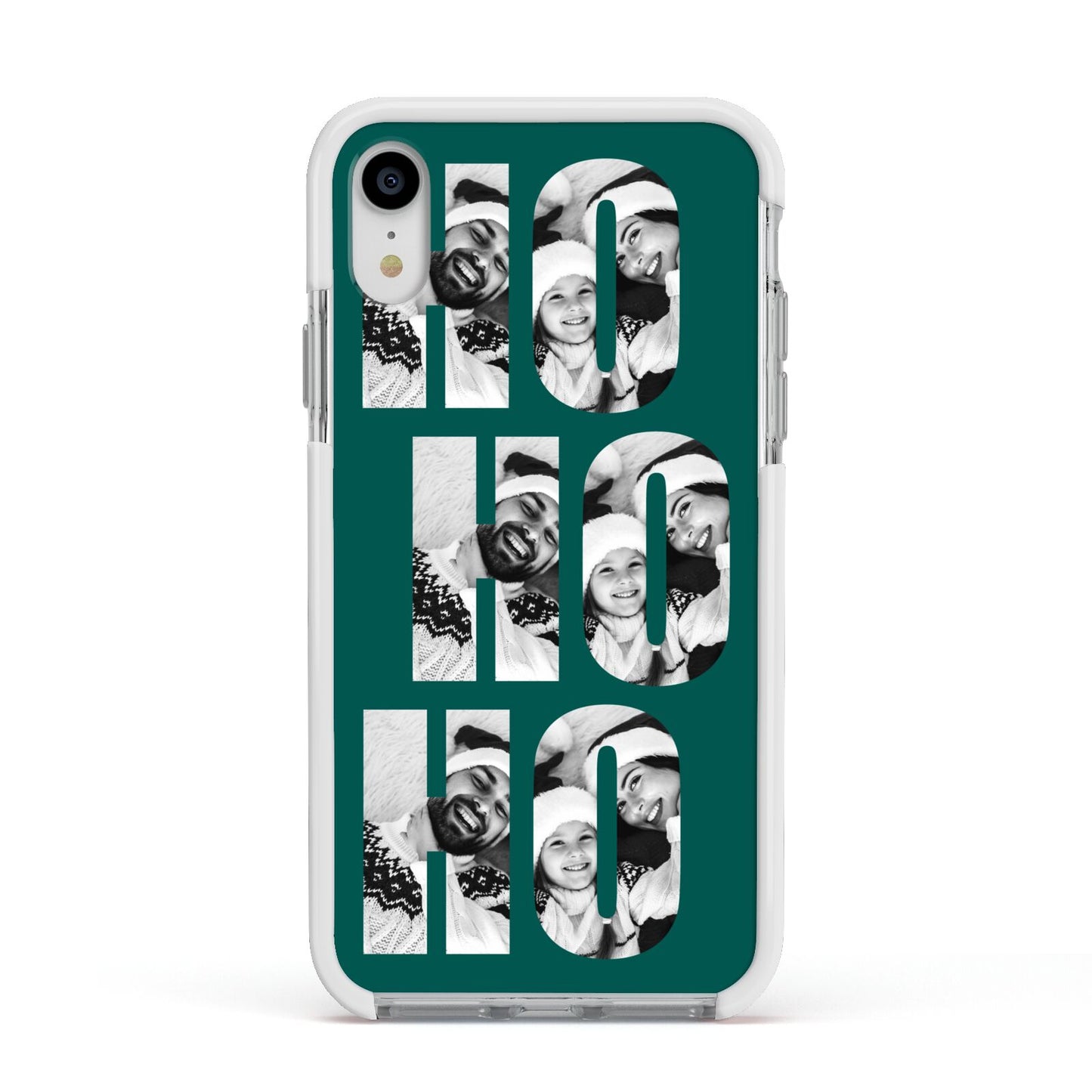 Green Ho Ho Ho Photo Upload Christmas Apple iPhone XR Impact Case White Edge on Silver Phone