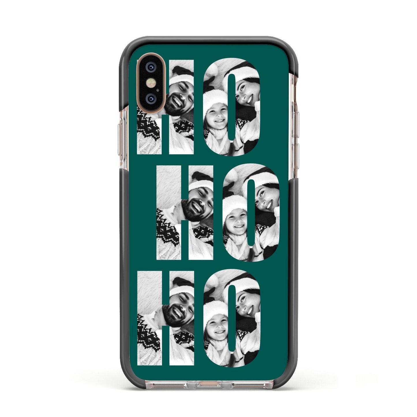 Green Ho Ho Ho Photo Upload Christmas Apple iPhone Xs Impact Case Black Edge on Gold Phone