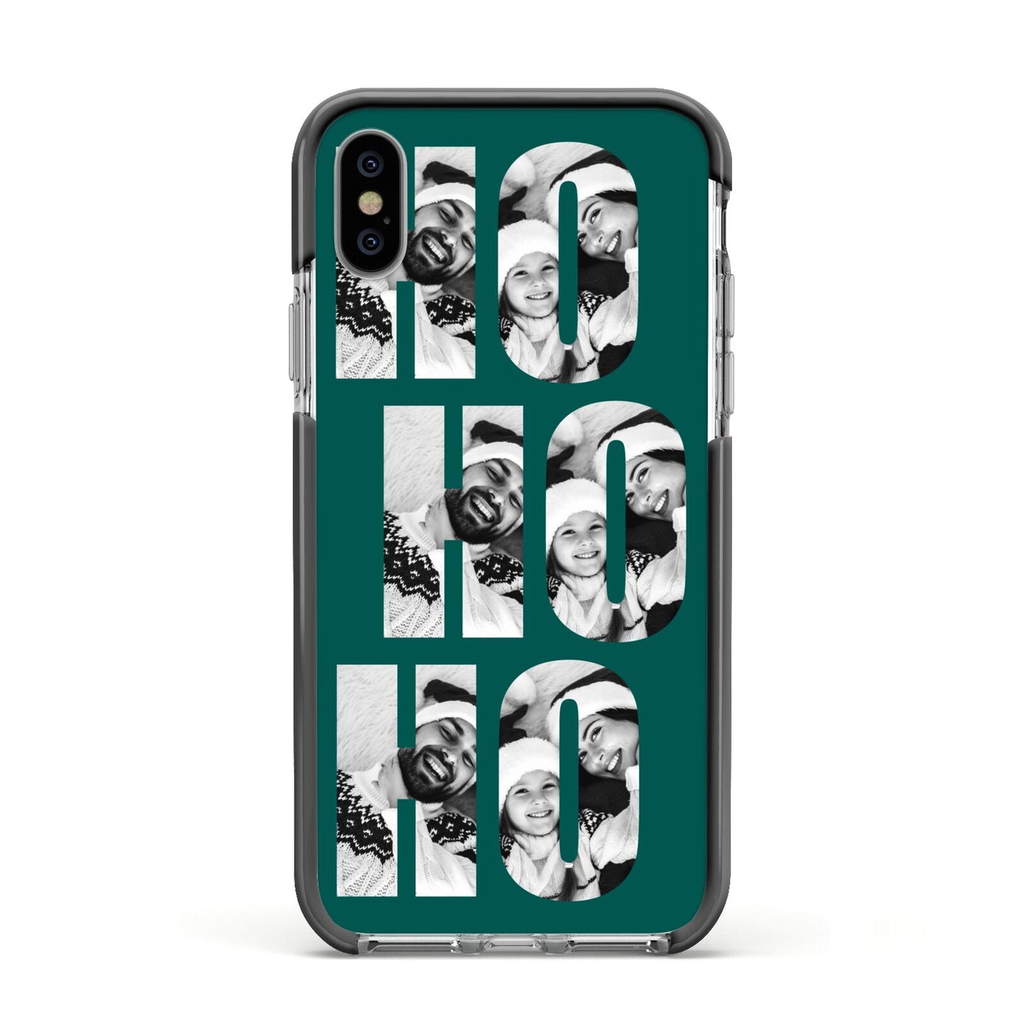 Green Ho Ho Ho Photo Upload Christmas Apple iPhone Xs Impact Case Black Edge on Silver Phone