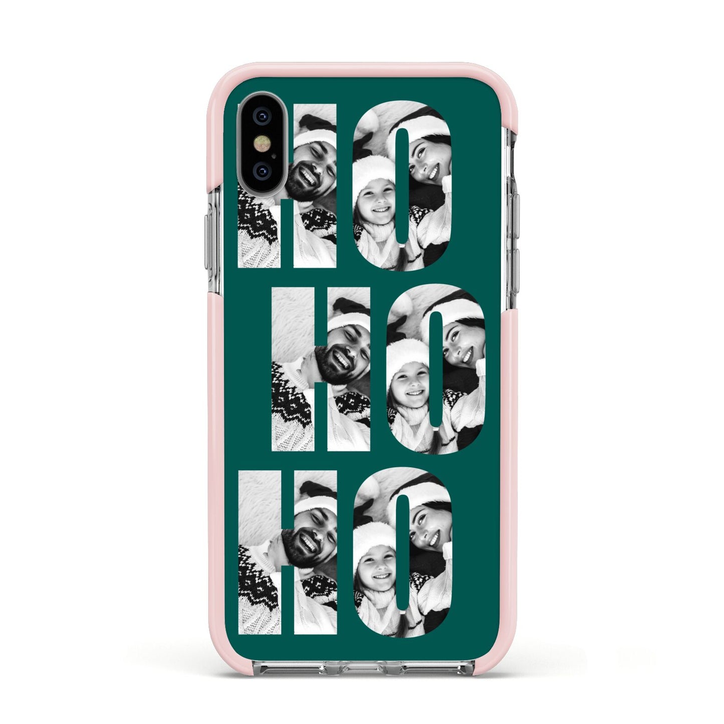 Green Ho Ho Ho Photo Upload Christmas Apple iPhone Xs Impact Case Pink Edge on Silver Phone