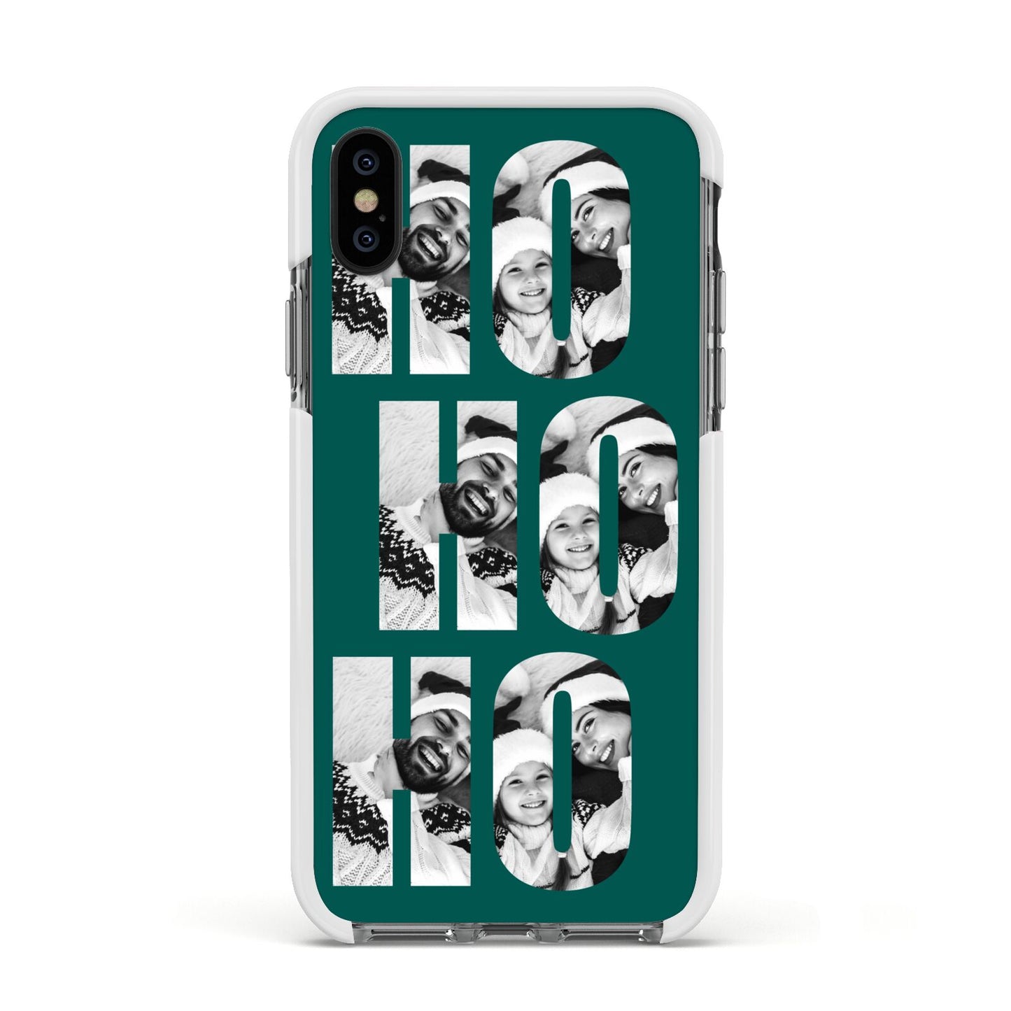 Green Ho Ho Ho Photo Upload Christmas Apple iPhone Xs Impact Case White Edge on Black Phone