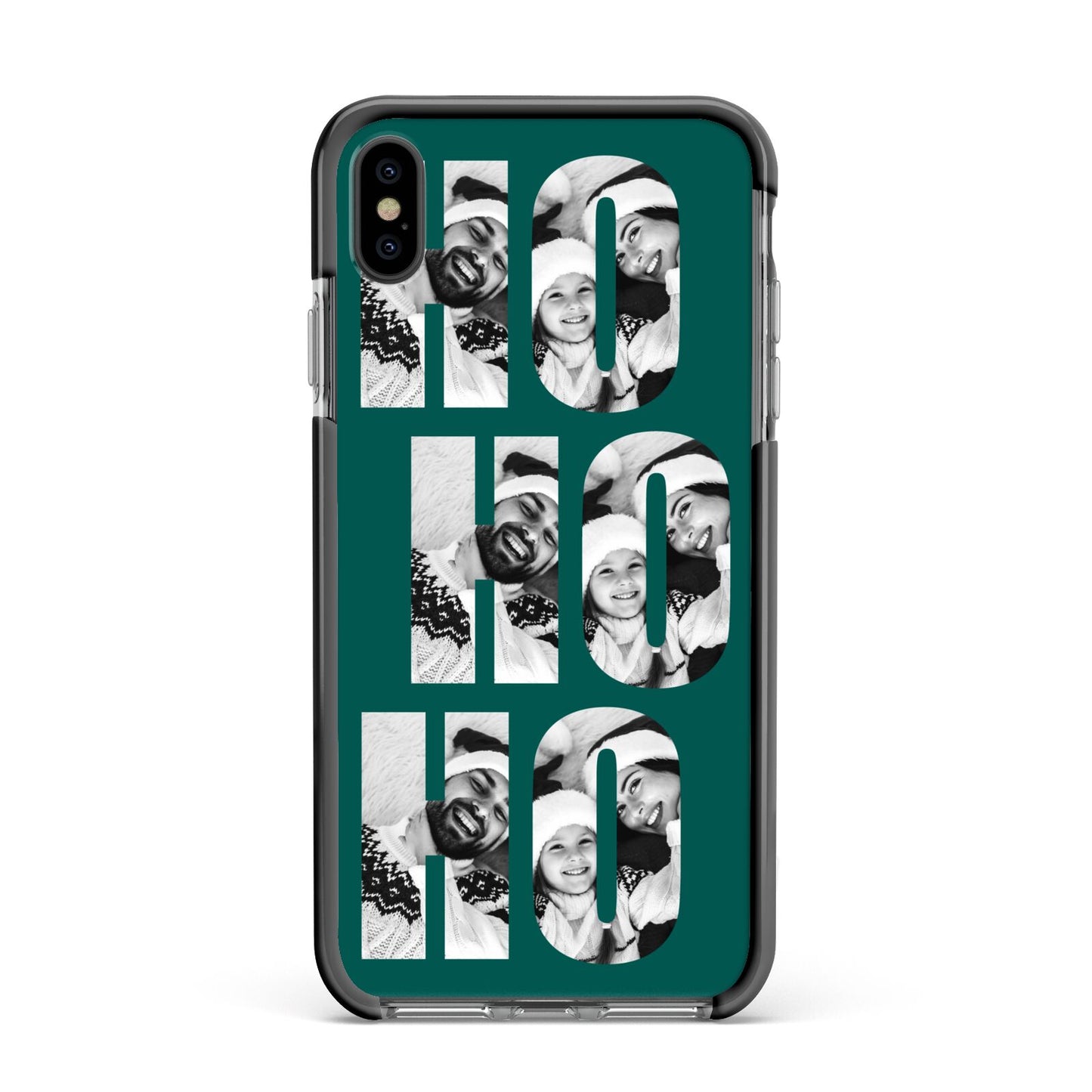 Green Ho Ho Ho Photo Upload Christmas Apple iPhone Xs Max Impact Case Black Edge on Black Phone