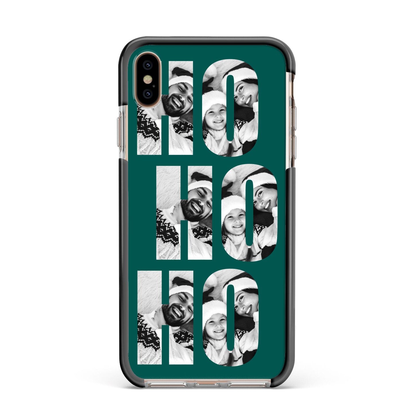 Green Ho Ho Ho Photo Upload Christmas Apple iPhone Xs Max Impact Case Black Edge on Gold Phone