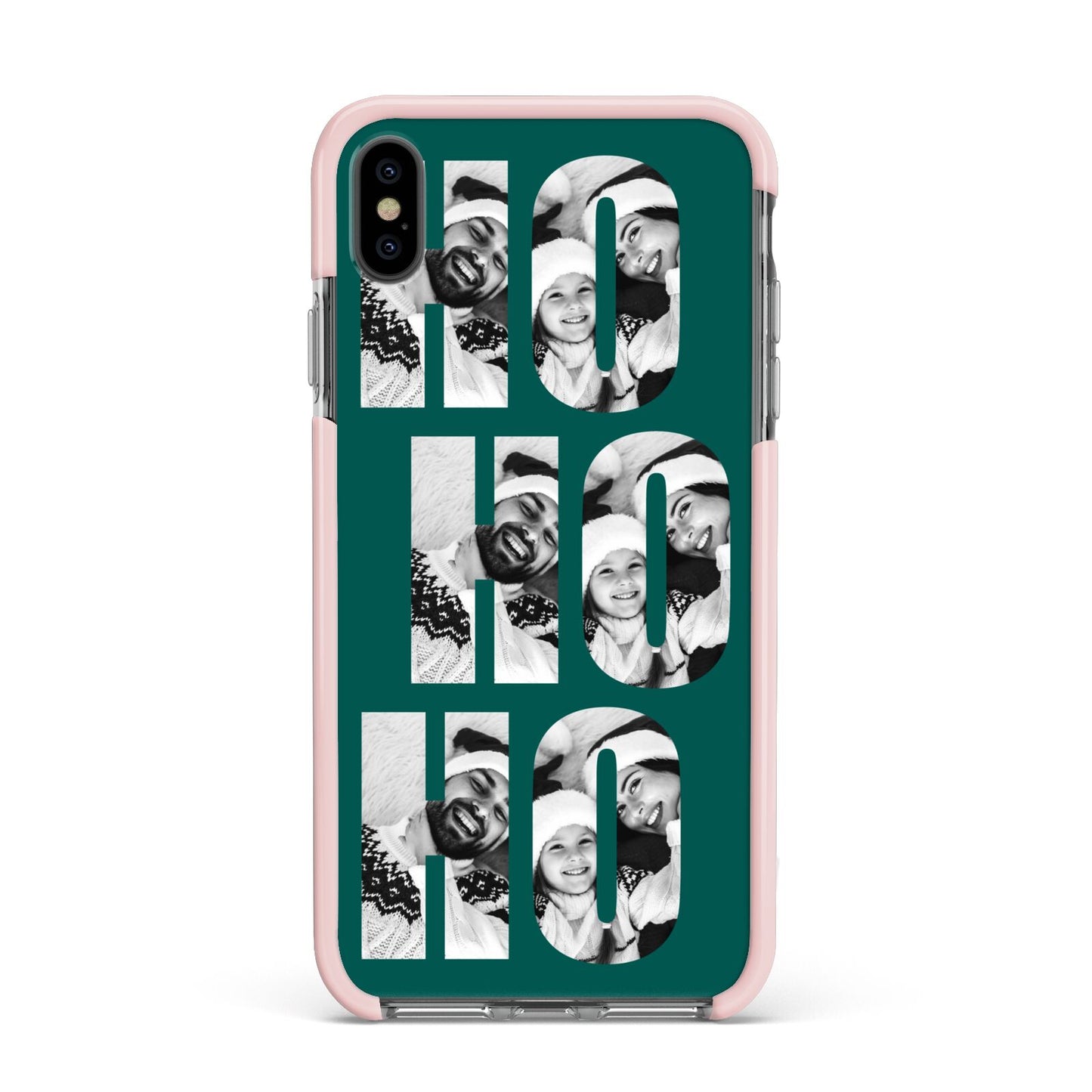 Green Ho Ho Ho Photo Upload Christmas Apple iPhone Xs Max Impact Case Pink Edge on Black Phone